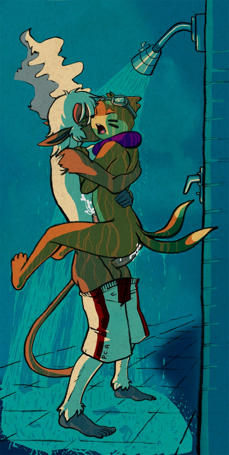 anal anal_penetration anthro anthro_on_anthro anthro_penetrated anthro_penetrating anthro_penetrating_anthro balls black_nose bodily_fluids bottomwear bottomwear_down buizel carrying_another clothed clothing cum cum_in_ass cum_inside cum_while_penetrated digital_drawing_(artwork) digital_media_(artwork) duo e621 ejaculation erection eyes_closed eyewear fur generation_4_pokemon genital_fluids genitals goggles hands-free hi_res infernape inside male male/male male_penetrated male_penetrating male_penetrating_male mammal mustelid nintendo nude open_mouth orange_body orange_fur orgasm pants pants_down partially_clothed penetration penile penile_penetration penis penis_in_ass pokemon pokemon_(species) pokemorph primate sex shorts shower standing tail textured tush_(artist)