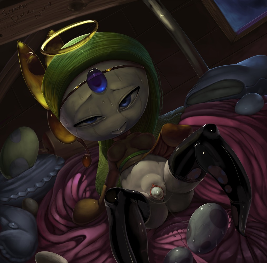 abdominal_bulge bodily_fluids breasts digital_media_(artwork) e621 egg female generation_5_pokemon genitals green_hair hair humanoid latex legendary_pokemon long_hair looking_at_viewer meloetta meloetta_(aria_form) nintendo not_furry oviposition pokemon pokemon_(species) solo spread_legs spreading sweat theboogie vulva