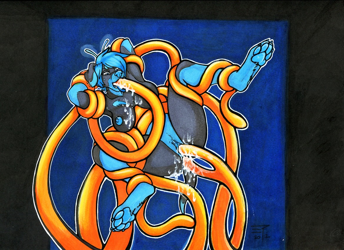 4_toes all_three_filled anal anal_penetration anthro anus biped black_body black_fur blue_body blue_fur blue_hair bodily_fluids breasts butt canid canine canis claws cum cum_drip cum_in_ass cum_in_mouth cum_in_vagina cum_inside cum_on_breasts cum_on_butt cum_on_fur cum_on_tongue domestic_dog double_penetration dripping e621 feet fellatio female fur genital_fluids genitals hair hindpaw mammal nude oral oral_penetration orange_tentacles pawpads paws penetration penile restrained sex solo spacecadet tentacle_in_mouth tentacle_penetration tentacle_sex tentacles toe_claws toes tongue triple_penetration vaginal vaginal_penetration vulva