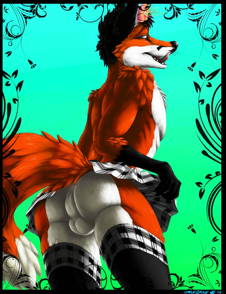2010 accessory anthro anus art_nouveau backsack balls biped black_border black_hair blue_eyes border bottomwear butt canid canine clothed clothing clothing_lift crossdressing e621 femboy flower flower_in_hair fox fur genitals gradient_background hair hair_accessory legwear licking licking_lips licking_own_lips male mammal no_underwear plaid plant self_lick short_hair simple_background skirt skirt_lift solo stockings tail tail_under_skirt teasing tongue tongue_out truegrave9 upskirt