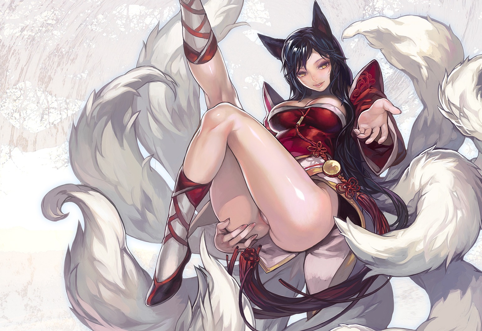 2012 ahri_(lol) animal_humanoid aoin asian_clothing ballet beckoning black_body black_fur black_hair breasts canid canid_humanoid canine canine_humanoid clothed clothing dance_shoes dancewear e621 east_asian_clothing female fluffy footwear fox_humanoid fur genitals gesture gold_(metal) hair humanoid japanese_clothing kimono league_of_legends long_hair mammal mammal_humanoid multi_tail pink_vulva pointe_shoes riot_games seductive shoes solo tail tassels tencent vulva white_body white_fur yellow_eyes
