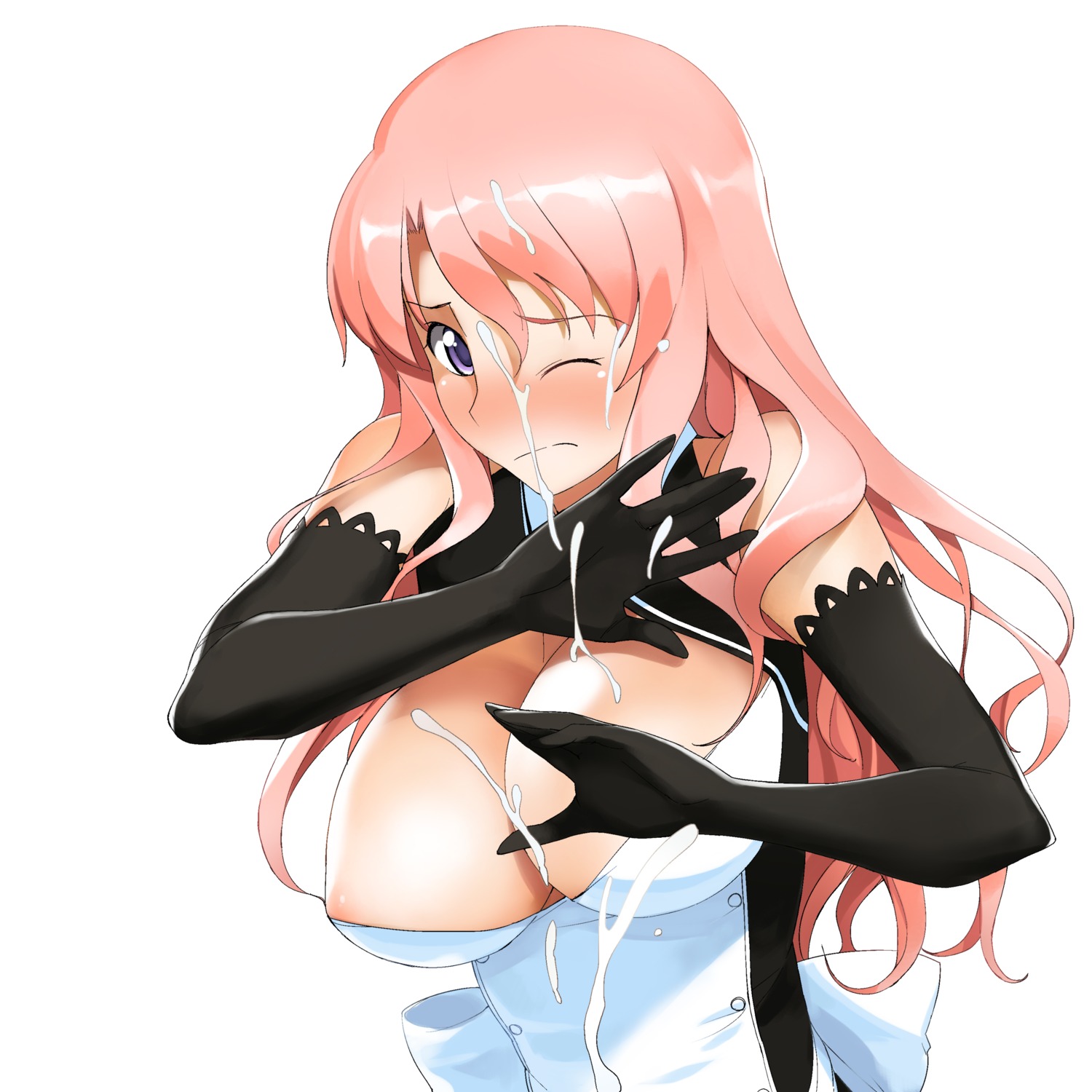 1girls areola_slip areolae blush breasts cleavage cum cum_on_body cum_on_breasts cum_on_face cum_on_hair dream_c_club ejaculation elbow_gloves facial female female_focus gloves hi_res high_resolution human human_female human_only initial-g large_breasts long_hair maid nipple_slip one_eye_closed pink_hair purple_eyes rui_(dream_c_club) solo straight_hair white_background wince