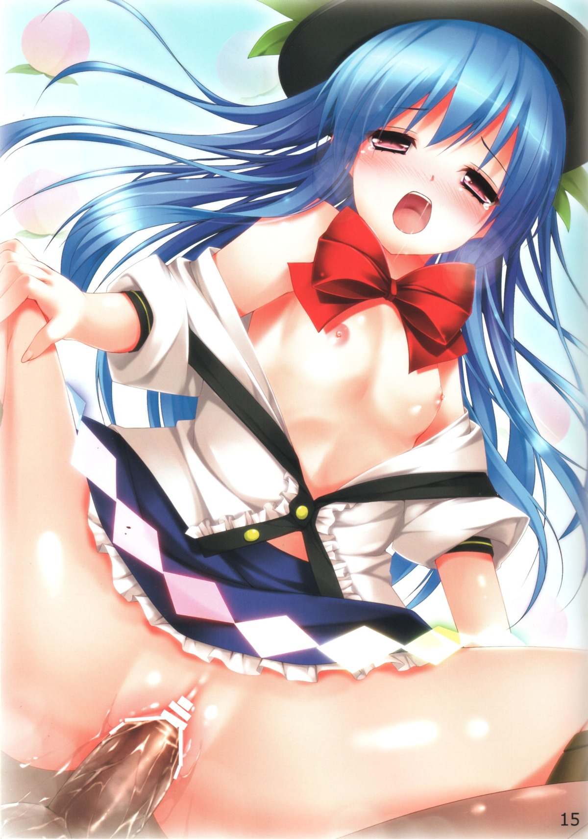 1girls bare_shoulders blue_hair blush bow censored female flat_chest food fruit hat high_resolution long_hair nipples nironiro no_panties off_shoulder open_clothes open_mouth peach_(fruit) pussy red_eyes rule34 saliva scan sex simple_background solo spread_legs tears tenshi_hinanawi touhou vaginal_penetration very_long_hair