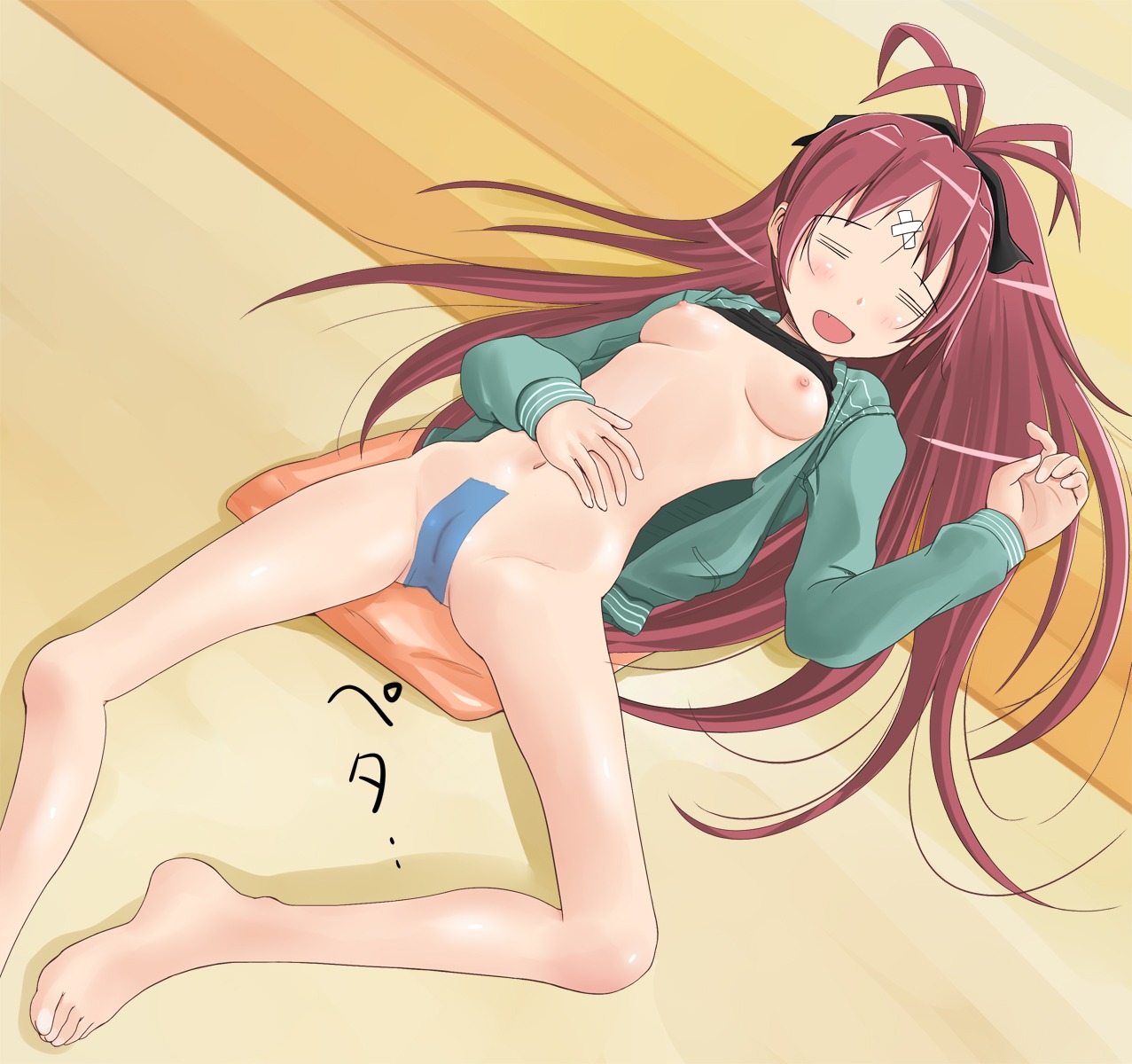 1girls bandaid bare_legs barefoot blush bow breasts closed_eyes feet female hairbow highres hoodie knocked_out long_hair lying maebari mahou_shoujo_madoka_magica navel nipples no_bra nude on_back pussy pussy_tape red_hair rule34 sakura_kyouko shorts shuuji_(shumi) solo tape uncensored unconscious