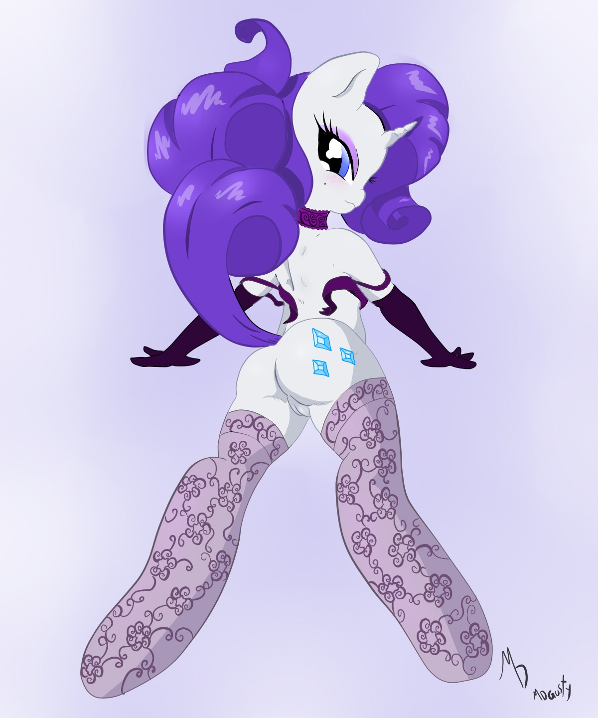 5:6 anthro anthrofied biped blue_eyes butt clothing cutie_mark digital_media_(artwork) e621 equid equine female friendship_is_magic fur genitals hair hasbro hi_res horn inviting legwear lingerie looking_at_viewer looking_back mammal mdgusty my_little_pony mythological_creature mythological_equine mythology purple_hair rarity_(mlp) rear_view seductive signature simple_background smile solo standing stockings unicorn vulva white_background white_body white_fur
