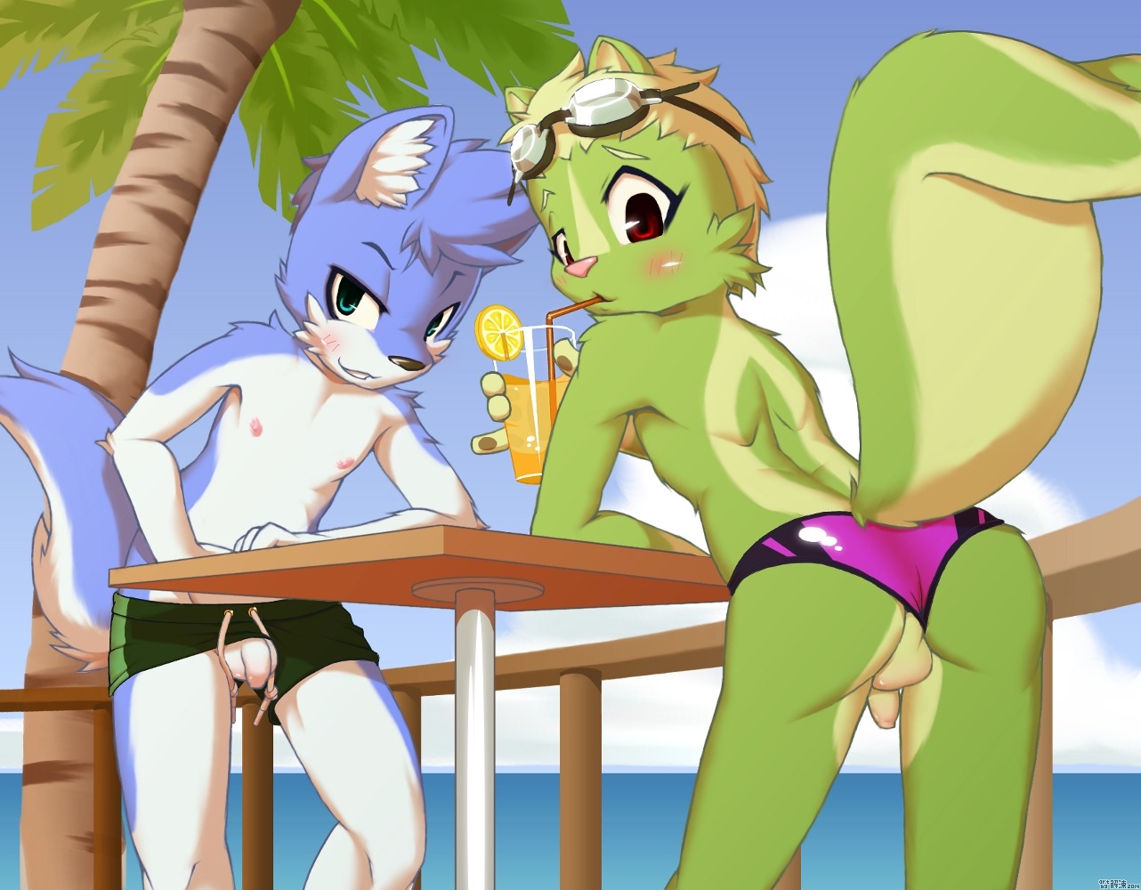 2014 anthro backsack balls beverage black_nose blue_eyes blush butt canid canine clothing duo e621 exhibitionism femboy flaccid foreskin fur genitals humanoid_genitalia humanoid_penis kaitou lemonade long_foreskin looking_at_viewer looking_back male mammal nipples outside palm_tree penis pink_nose plant presenting presenting_hindquarters presenting_penis red_eyes rodent sciurid standing swimwear tree tree_squirrel unretracted_foreskin water young young_anthro