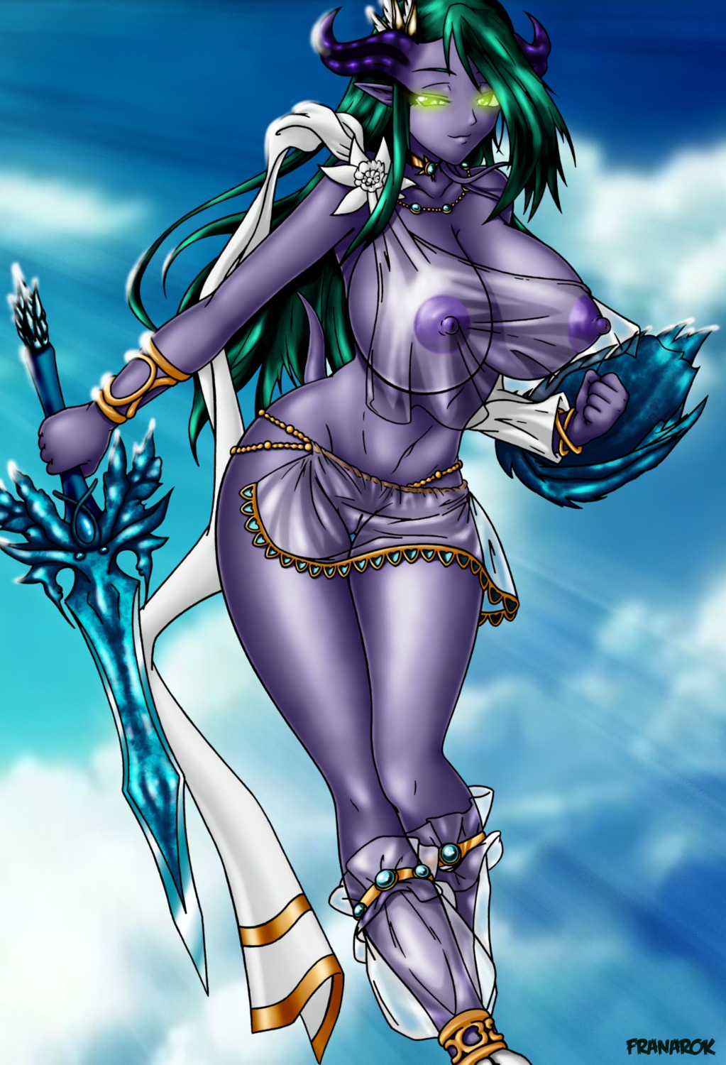 absurd_res areola bandai_namco big_breasts blizzard_entertainment breasts clothed clothing cosplay crossover draenei e621 erect_nipples female franarok genitals glowing glowing_eyes green_eyes green_hair hair hi_res horn humanoid humanoid_pointy_ears melee_weapon neira nipples not_furry pointy_ears purple_body purple_skin shield skimpy solo sophitia_alexandra soul_calibur sword translucent translucent_clothing vulva warcraft weapon