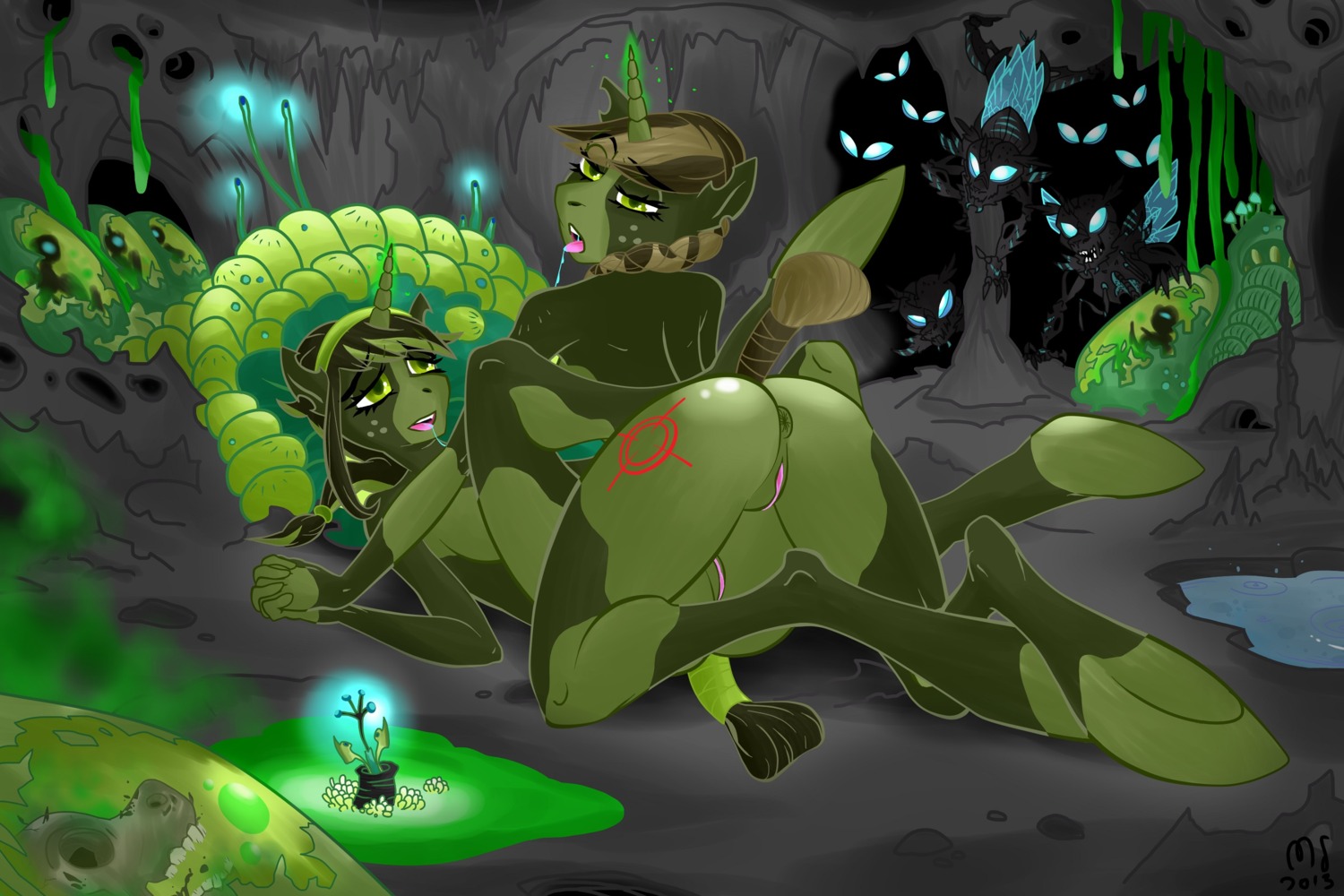 3:2 anthro anus arthropod butt cave changeling_(mlp) e621 equid equine female female/female feral friendship_is_magic genitals group hasbro hi_res horn insect_wings kissing mammal modernstormtrooper my_little_pony mythological_creature mythological_equine mythology unicorn vulva wings