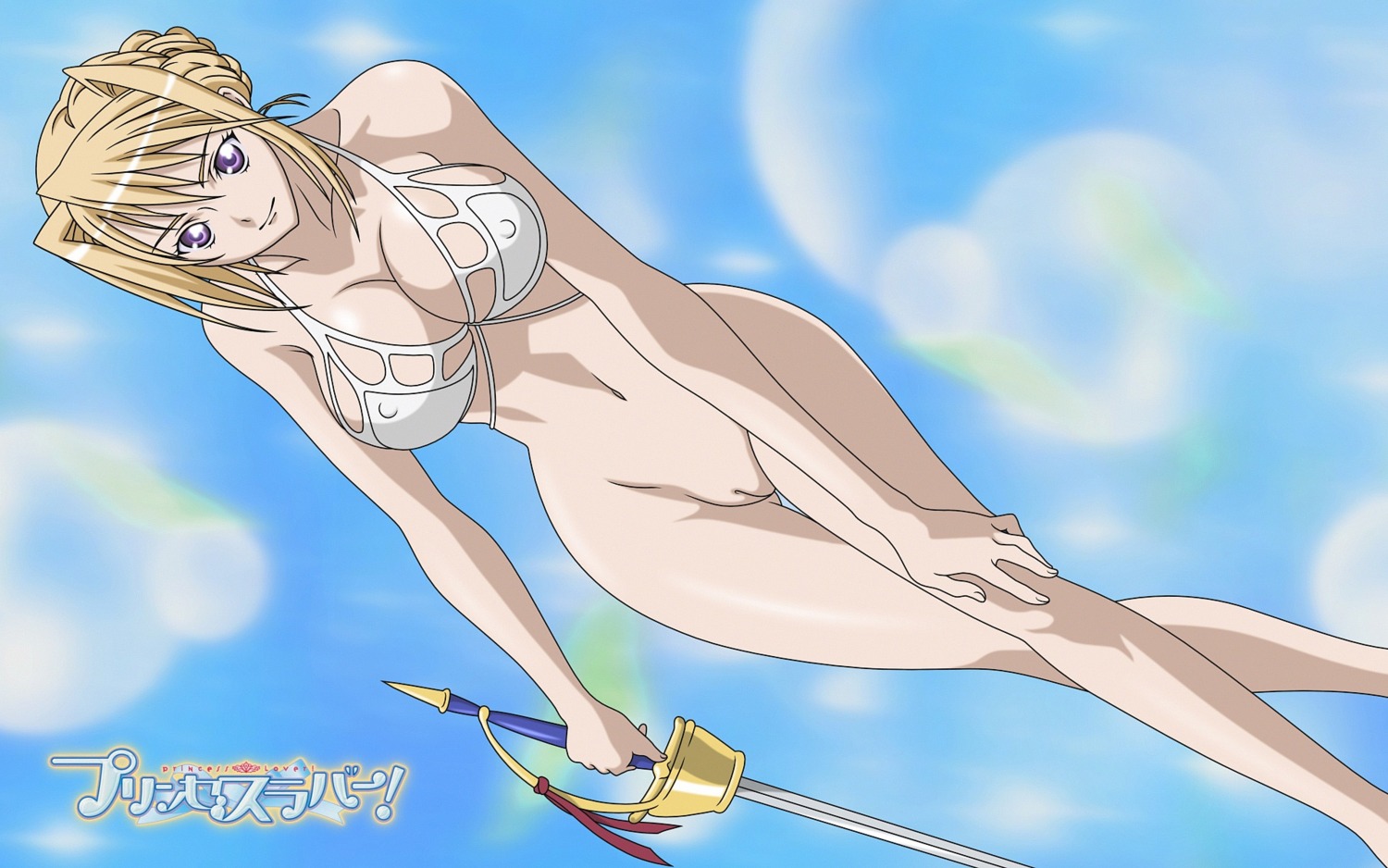 blonde_hair bottomless bra breasts cleavage female highres large_breasts princess_lover purple_eyes pussy rule34 silvia_van_hossen solo sword uncensored weapon