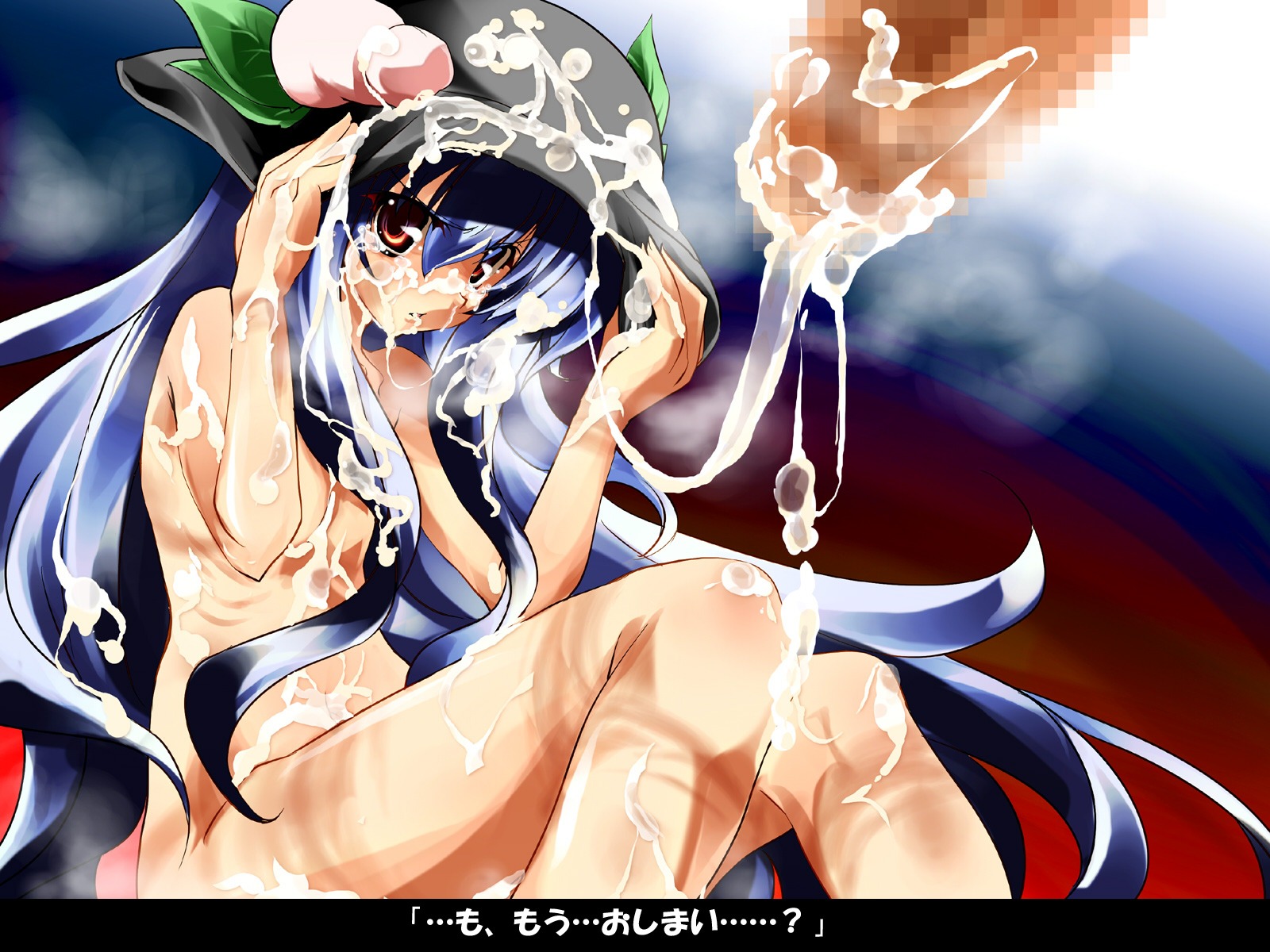 angry blue_hair breasts bubble censored cum cum_in_mouth cum_on_body cum_on_breasts cum_on_clothes cum_on_hair cum_on_upper_body delusion_overdose facial female flat_chest food fruit hat highres long_hair male matsuno_canel mosaic_censoring nude open_mouth peach_(fruit) penis red_eyes rule34 solo tenshi_hinanawi touhou translated very_long_hair