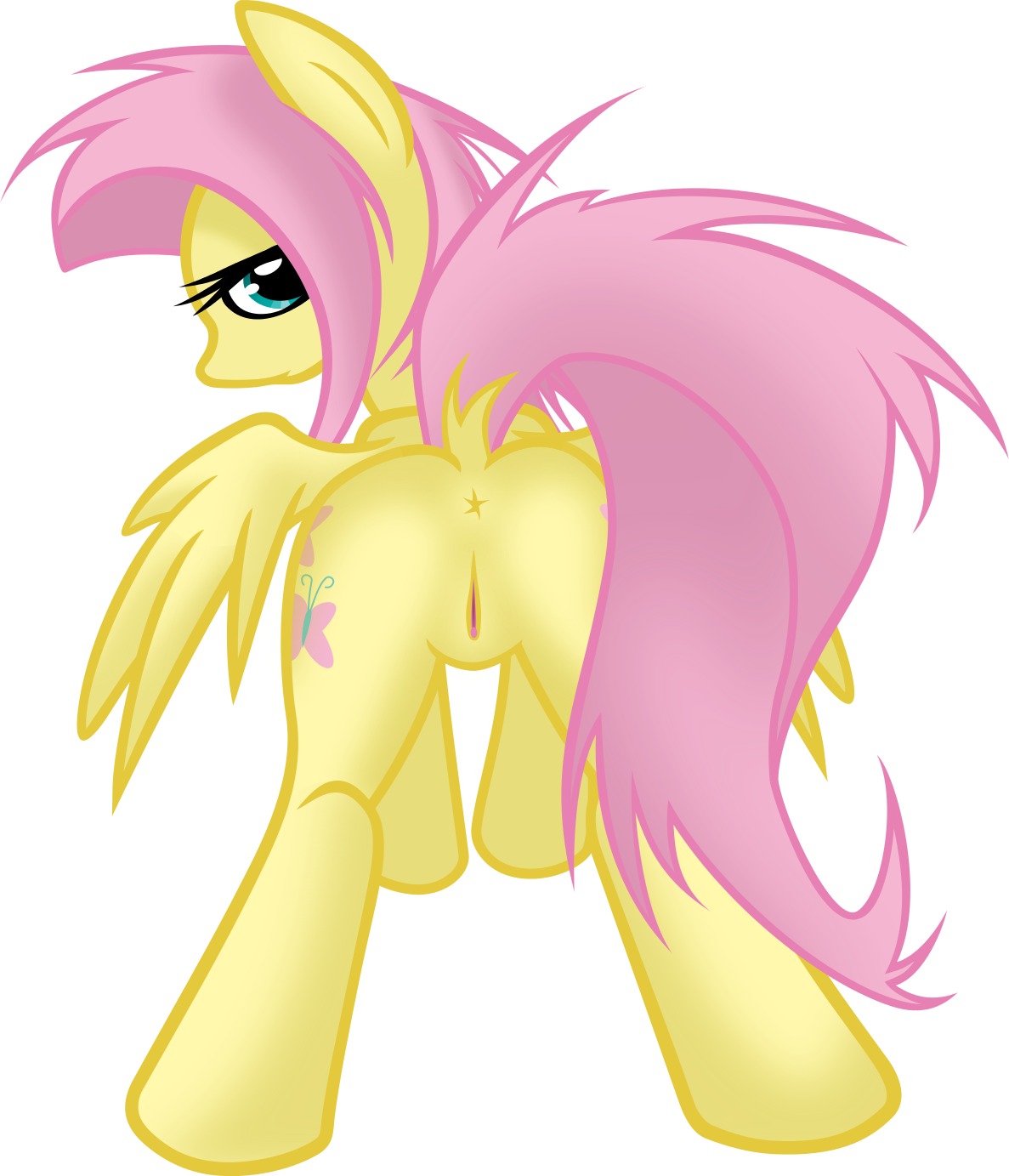 2012 2013 anus blue_eyes butt cutie_mark e621 equid equine feathered_wings feathers female feral fluttershy_(mlp) friendship_is_magic genitals hair hasbro hi_res kejifox looking_at_viewer looking_back mammal my_little_pony mythological_creature mythological_equine mythology pegasus pink_hair presenting quadruped solo tail vulva wings yellow_body yellow_feathers