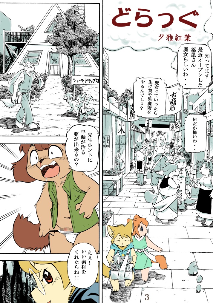alternating_focus anthro black_eyes blockage_(layout) blood blue_eyes bodily_fluids brief_(momiji_yu-ga) brown_body brown_fur brown_hair building canid canine canis comic cream_(momiji_yu-ga) dialogue domestic_cat domestic_dog e621 felid feline felis female four_frame_image fur group hair japanese japanese_text male male/female mammal momiji_yu-ga navel nosebleed orange_hair pharmacist_mom_(momiji_yu-ga) red_eyes speech_bubble tail tan_body tan_fur text translated vertical_blockage yellow_body yellow_fur