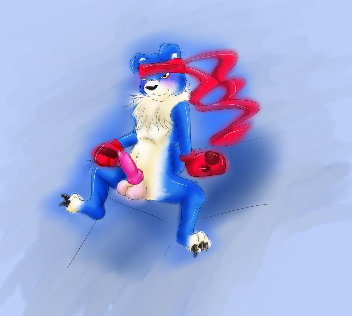 1boy balls blue_fur blush boxing_gloves canine canine_penis claws digimon erection furry gaomon gloves knot looking_at_viewer male male_only penis rule34 smile solo testicles yellow_eyes