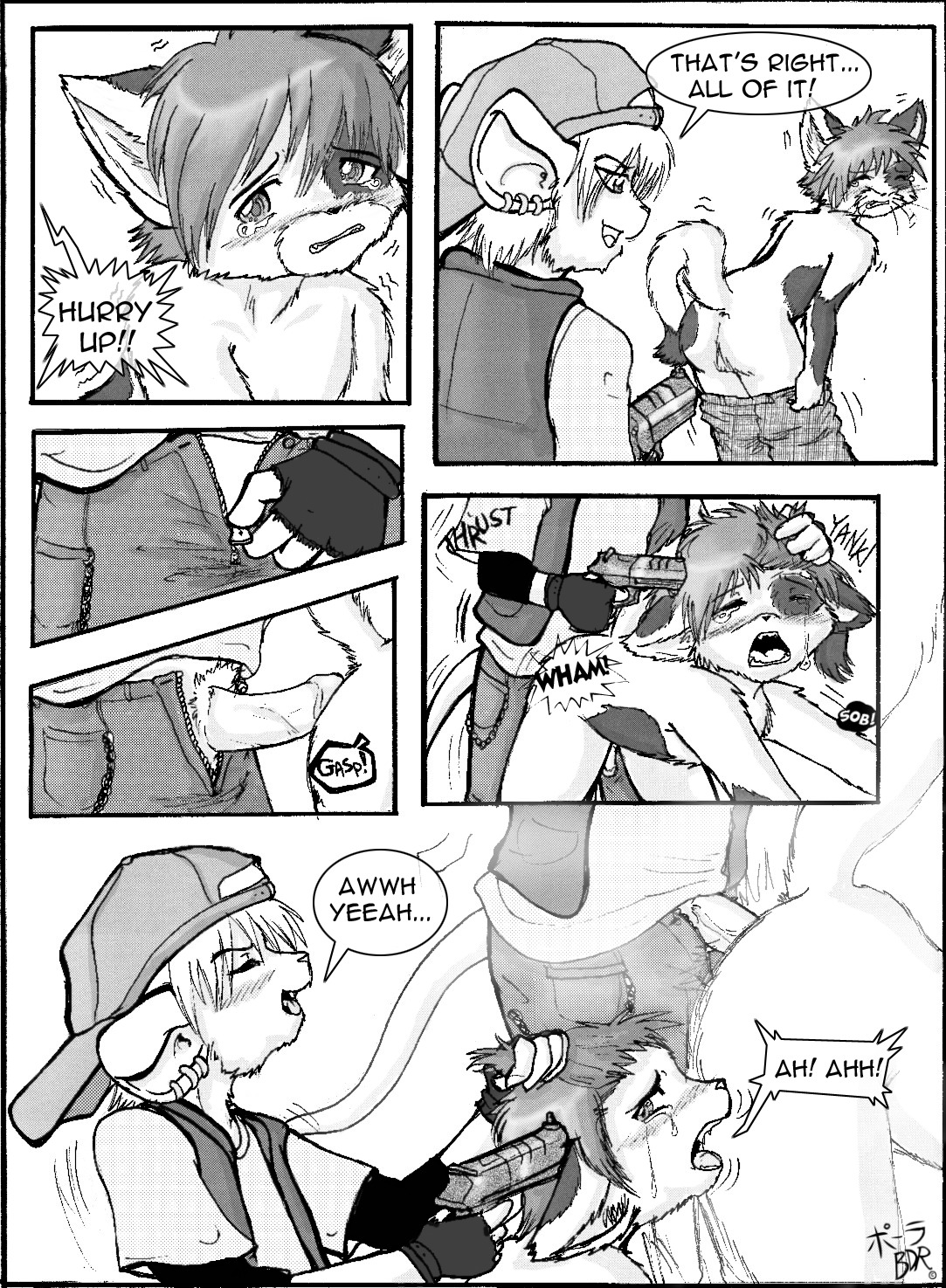 anal anthro anus balddumborat bodily_fluids clothing comic dialogue digital_media_(artwork) domestic_cat duo e621 ear_piercing english_text erection felid feline felis forced genitals greyscale gun gun_to_head gunpoint handgun hi_res holding_gun holding_handgun holding_object holding_pistol holding_ranged_weapon holding_weapon male male/male male_penetrated male_penetrating male_penetrating_male mammal monochrome mouse multiple_scenes murid murine penetration penis piercing pistol ranged_weapon rape rodent sex shota tail tears text undressing weapon young young_anthro young_male zipper