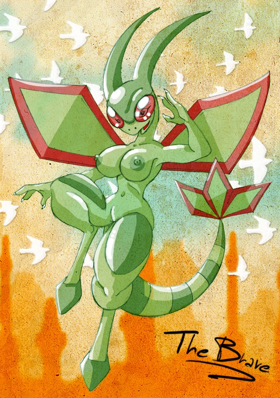 anthro breasts female flygon furry game_freak green_body green_nipples green_skin large_breasts nipples nude personification pokemon pokemon_(species) pokemon_rse rule34 tail the_brave