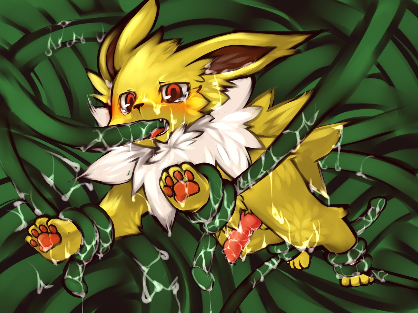 4:3 balls bodily_fluids cum digitigrade e621 eeveelution erection feral forced generation_1_pokemon genital_fluids genitals jolteon knot kosian male nintendo penis pokemon pokemon_(species) quadruped rape red_eyes sex solo tentacle_rape tentacle_sex tentacles tentacles_everywhere tongue