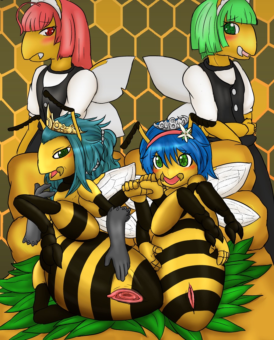 2014 anthro armwear arthropod bee blue_hair blush clothed clothing crown duo_focus e621 elbow_gloves female fid genitals gloves green_eyes green_hair group hair half-closed_eyes handwear headgear hymenopteran insect insect_wings long_hair lying maid_uniform narrowed_eyes princess queen red_hair royalty short_hair uniform vulva wings