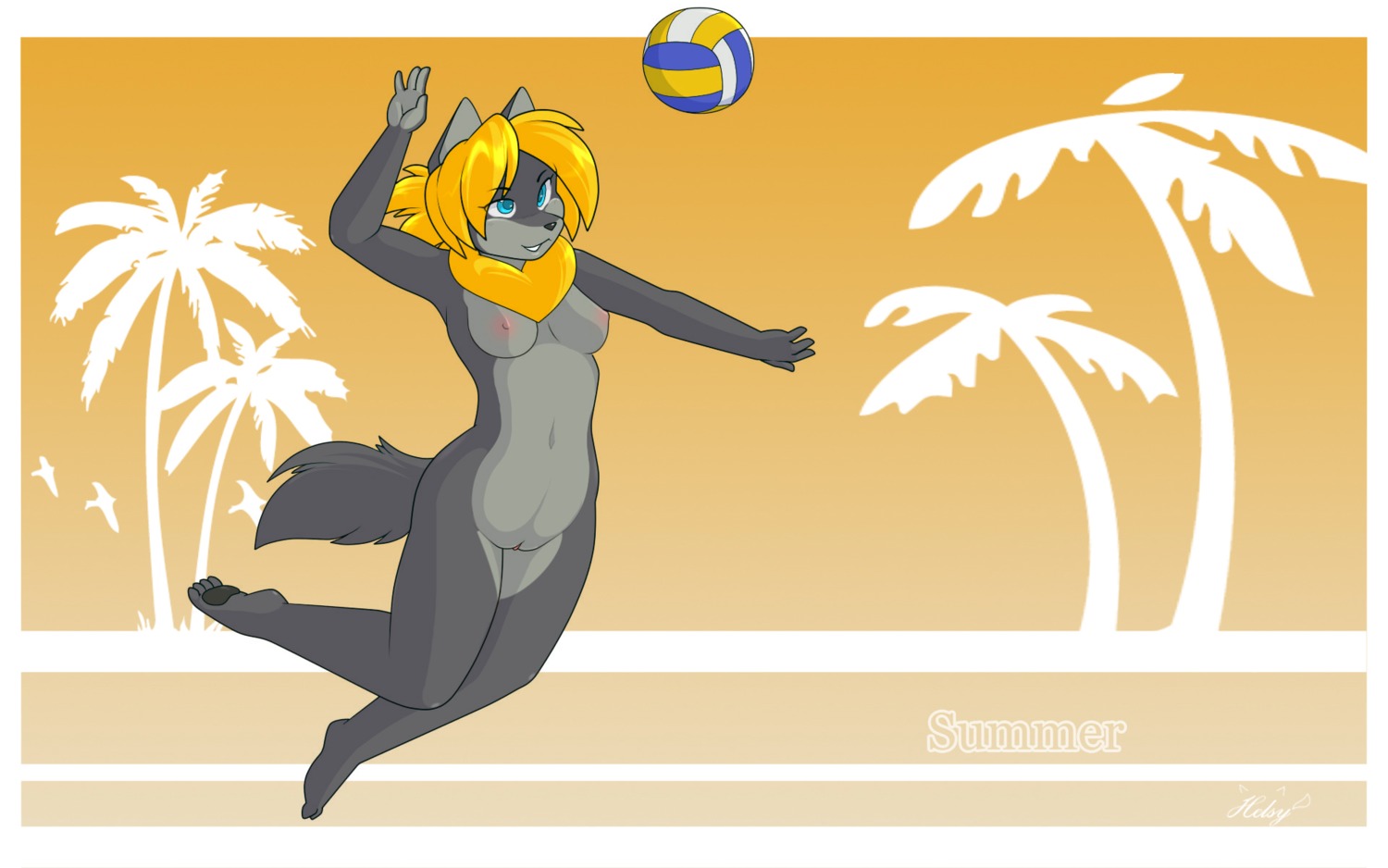 16:10 4_toes anthro ball barefoot beach biped black_nose black_pawpads blonde_hair blue_eyes breasts canid canine canis casual_nudity digital_media_(artwork) e621 english_text feet female fluffy fluffy_tail fur genitals grey_body grey_fur hair helsy hi_res jumping lafille mammal navel nipples nude nude_anthro nude_beach nude_female nudist pawpads plant soles solo sport tail text toes tree volleyball_(ball) vulva widescreen wolf yellow_body yellow_fur