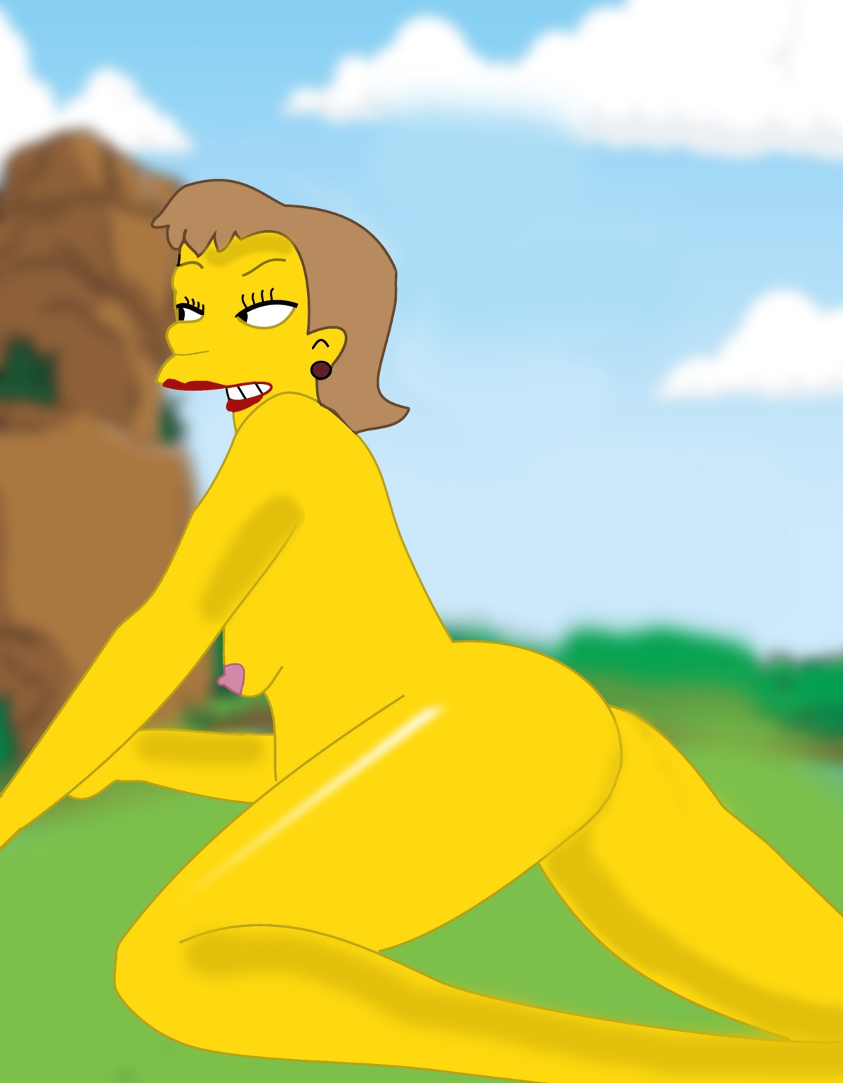 20th_century_studios accurate_art_style ass back_view breasts color day female female_only human mrs._muntz nipples nude outdoors rule34 solo tagme the_simpsons yellow_body yellow_skin