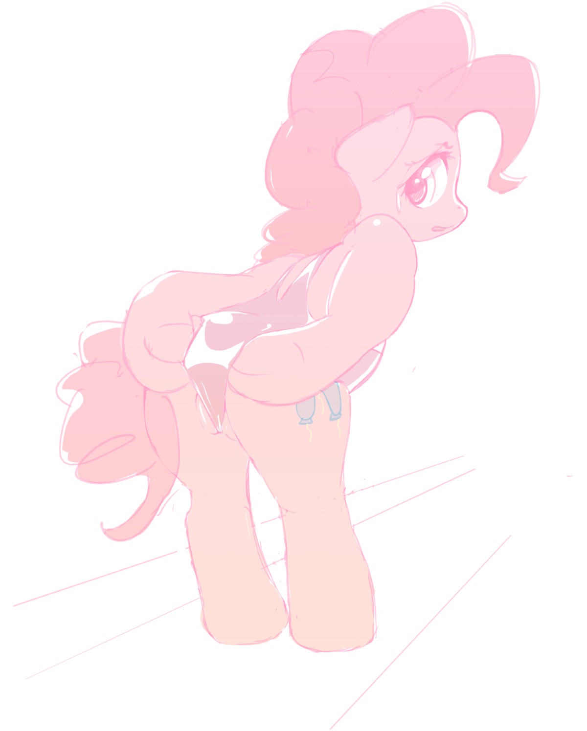 2013 absurd_res baltomutt butt clothed clothing cutie_mark e621 earth_pony equid equine female feral friendship_is_magic fur genitals hair hasbro hi_res horse looking_back mammal my_little_pony one-piece_swimsuit pink_body pink_fur pink_hair pinkie_pie_(mlp) pony pussy_floss simple_background solo swimwear vulva white_background