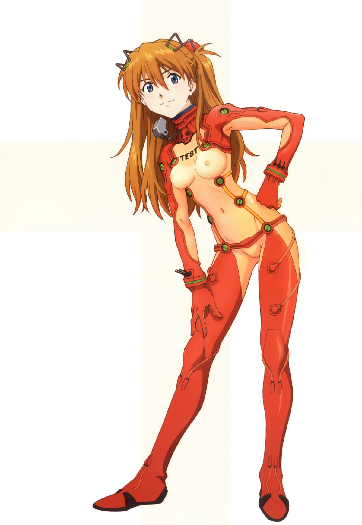 asuka_langley_sohryu belt blue_eyes boots breasts brown_hair clothing detached_sleeves erect_nipples erect_nipples_under_clothes female female_only gloves hair high_resolution human long_hair medium_breasts neon_genesis_evangelion nipples photoshop plugsuit rebuild_of_evangelion red_boots rule34 simple_background smile solo standing test_plugsuit turtleneck