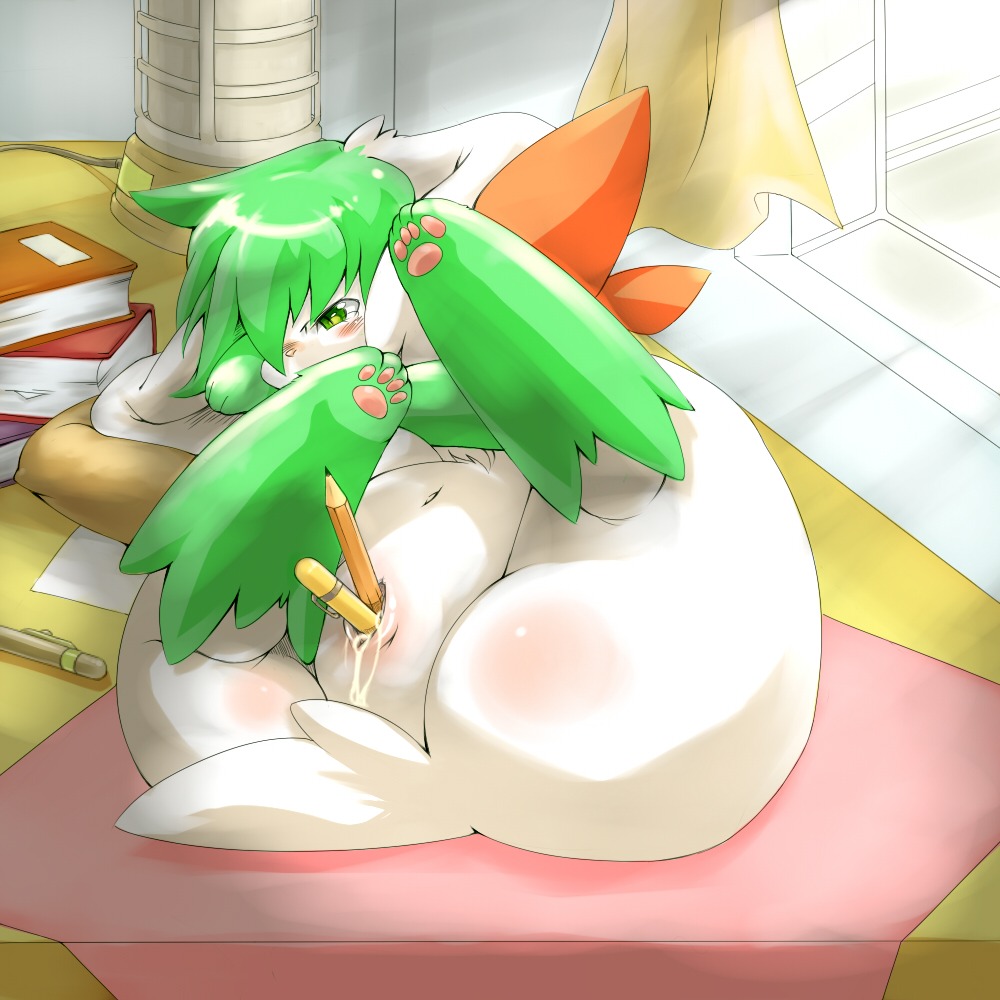 1girls ass color day feet female female_only feral fur furry indoors insertion looking_away lying nintendo nude on_back paws pen pencil pokemon pokemon_(species) pokemon_dppt pussy rule34 shaymin shaymin_(sky_form) solo window
