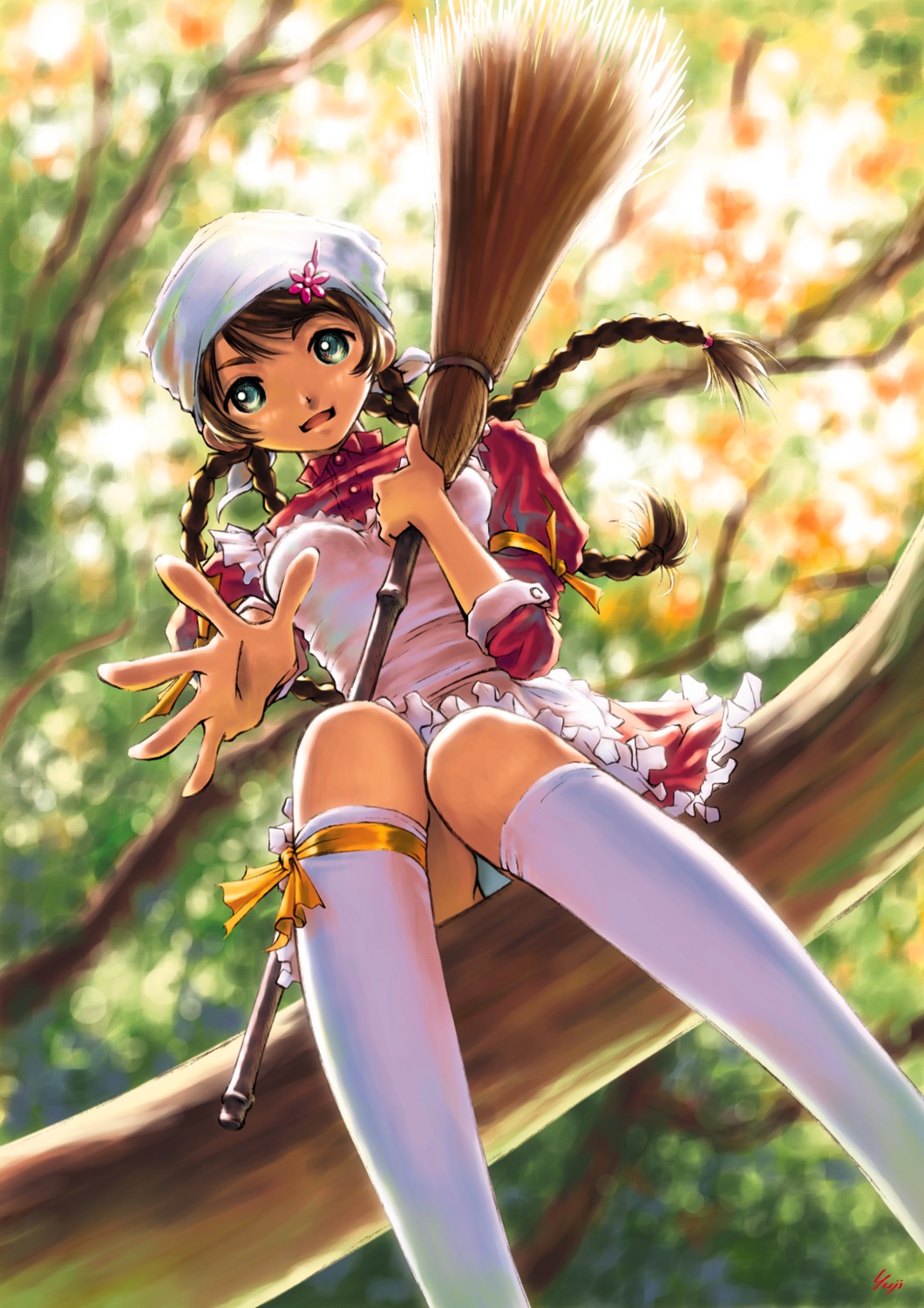 arika_yumemiya bandana blue_panties braid broom brown_hair dress female footwear frills from_below green_eyes hair_ornament hairclip highres in_tree kneehighs kobayashi_yuji kobayashi_yuuji maid my-hime my-otome nature outdoors outstretched_arm outstretched_hand panties pantyshot pantyshot_(sitting) pantyshot_sitting quad_tails reaching ribbon rule34 sitting sitting_in_tree socks solo thighhighs tree underwear upskirt white_legwear white_panties white_thighhighs
