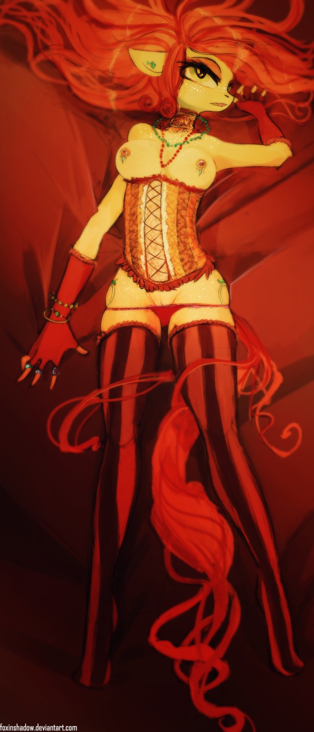 2013 anthro armwear biped boots breasts clothed clothing collar corset cutie_mark digital_media_(artwork) e621 elbow_gloves equid equine female fingerless_gloves footwear foxinshadow freckles genitals gloves hair handwear hasbro hi_res horse jewelry legwear lingerie lying mammal my_little_pony necklace nipples orange_hair panties piercing pony ring shaded shoes skimpy solo stockings text topwear underwear url vulva