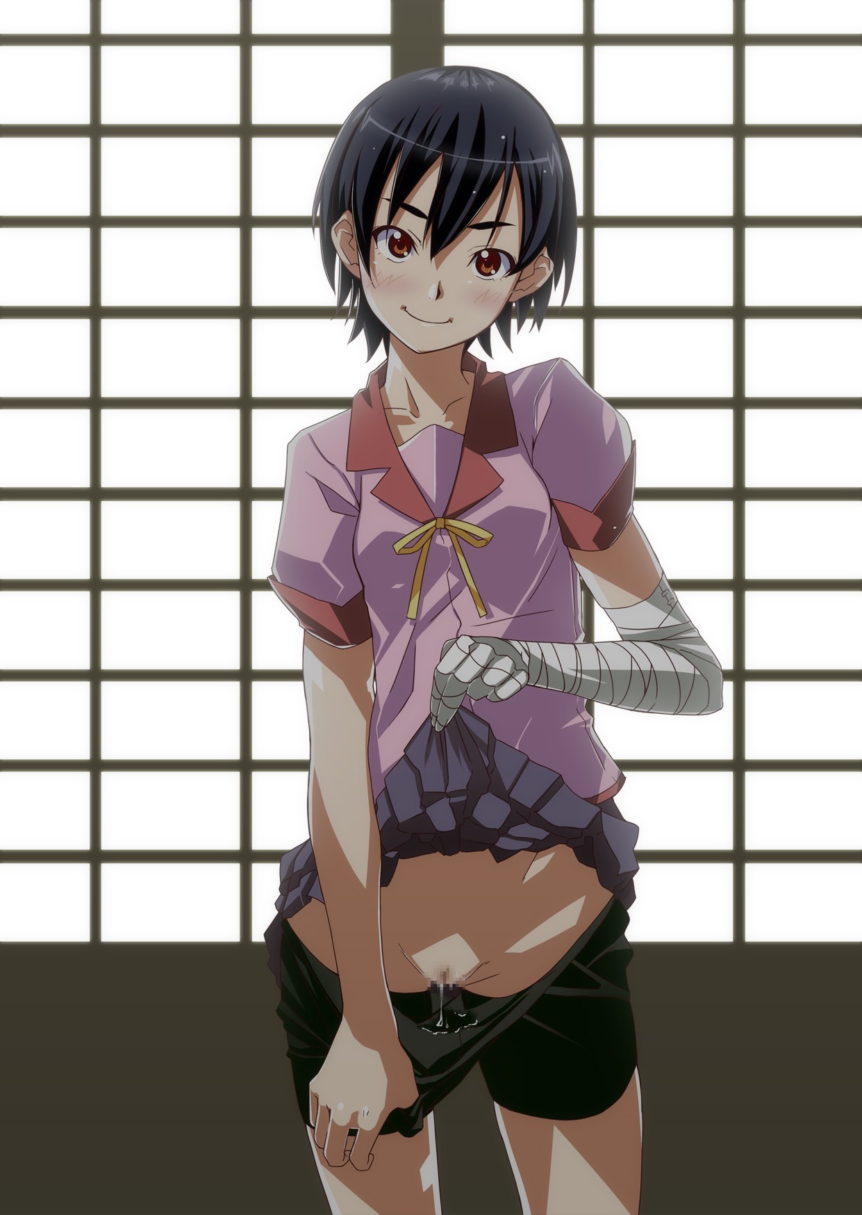 1girls bakemonogatari bandage bandaged_hand bandages bike_shorts bike_shorts_pull black_hair brown_eyes censored female head_tilt highres kanbaru_suruga looking_at_viewer monogatari_(series) mosaic_censoring pleated_skirt presenting pussy pussy_juice pussy_juice_trail ribbon rule34 school_uniform short_hair shorts shorts_pull skirt skirt_lift smile solo tomboy yada_ei
