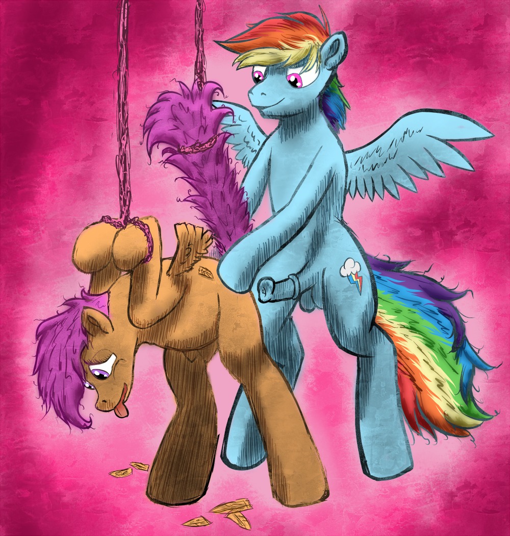 abuse balls bdsm blue_body blue_feathers blue_fur bondage bound crossgender cutie_mark duo e621 equid equine erection feathered_wings feathers female feral friendship_is_magic fur genitals hair hasbro male male/female mammal multicolored_hair multicolored_tail my_little_pony mythological_creature mythological_equine mythology nude orange_body orange_feathers orange_fur pegasus penis pink_background purple_eyes purple_hair rainbow_dash_(mlp) rainbow_hair rainbow_tail scootaloo_(mlp) simple_background tail tongue tongue_out unknown_artist wings young young_feral
