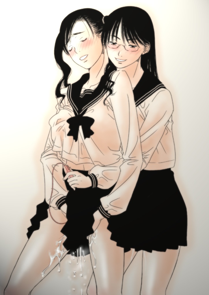 2girls black_hair blush female glasses gusu long_hair monochrome multiple_females multiple_girls mutual_yuri original pink pussy pussy_juice rule34 school_uniform skirt straight_hair vibrator yuri