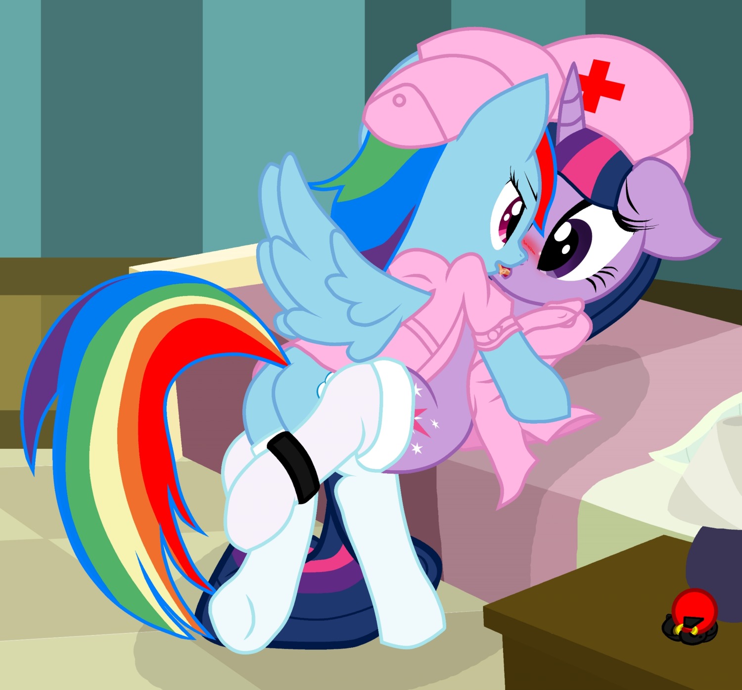 2012 ball_gag bed blue_body blue_feathers blue_fur blush clothing cutie_mark dress duo e621 equid equine eye_contact feathered_wings feathers female female/female feral french_kissing friendship_is_magic fur furniture gag hair hasbro hat headgear headwear hi_res horn kissing leg_wrap legwear long_hair looking_at_another lying mammal multicolored_hair multicolored_tail my_little_pony mythological_creature mythological_equine mythology nurse nurse_clothing nurse_hat nurse_headwear nurse_uniform on_back on_bed open_mouth oral pegasus pillow purple_body purple_eyes purple_fur purple_hair pyruvate rainbow_dash_(mlp) rainbow_hair rainbow_tail red_cross short_dress stockings tail tongue tongue_out twilight_sparkle_(mlp) two_tone_hair unicorn uniform wing_boner wings