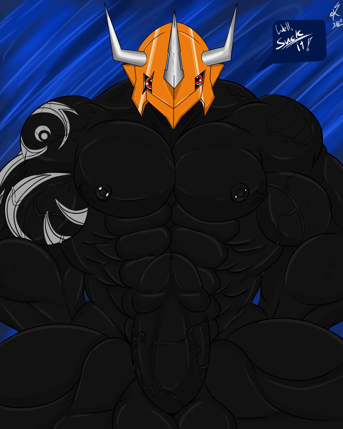 2013 4:5 abs animal_genitalia anthro armor balls bandai_namco biceps big_muscles big_penis biped black_body black_penis black_skin blue_background digimon digimon_(species) e621 emperorgreymon erection genitals headgear helmet hi_res horn huge_muscles looking_at_viewer male mask muscular muscular_anthro muscular_male najair nipple_piercing nipples nude pecs penis piercing pose presenting red_eyes saixyuniz-xynz scales scalie sheath simple_background sitting solo tattoo thick_penis vein