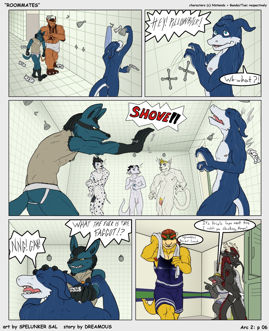 2010 anthro anthrofied armpit_hair asian_mythology balls bandai_namco black_body black_fur blue_body blue_eyes blue_fur blue_skin body_hair bowser_koopa_junior_(roommates) bullying canid canine canis clothing coach comic communal_shower crossover dalmatian detailed_background dialogue diamondwing digimon digimon_(species) domestic_cat domestic_dog dragon dreamous_(writer) e621 east_asian_mythology eastern_dragon english_text exclamation_point facial_piercing fan_character felid feline felis fight flaccid flamedramon foreskin fur furgonomic_piercing furgonomics generation_4_pokemon genitals giancarlo_rosato group hi_res homophobia homophobic_slur humanoid_genitalia humanoid_penis inside jockstrap koopa leomon locker locker_room lucario male male/male mammal mario_bros mean mondo_cruz multiple_scenes muscular mythological_creature mythological_scalie mythology nintendo nose_piercing nose_ring nude olivier_oswald penis piercing pokemon pokemon_(species) pokemorph red_eyes ring_piercing roommates_(comic) scalie septum_piercing shirt shower shower_head spelunker_sal surprised tail tank_top text topwear underwear undressing unretracted_foreskin violence whiskers white_balls yellow_body yellow_eyes yellow_fur