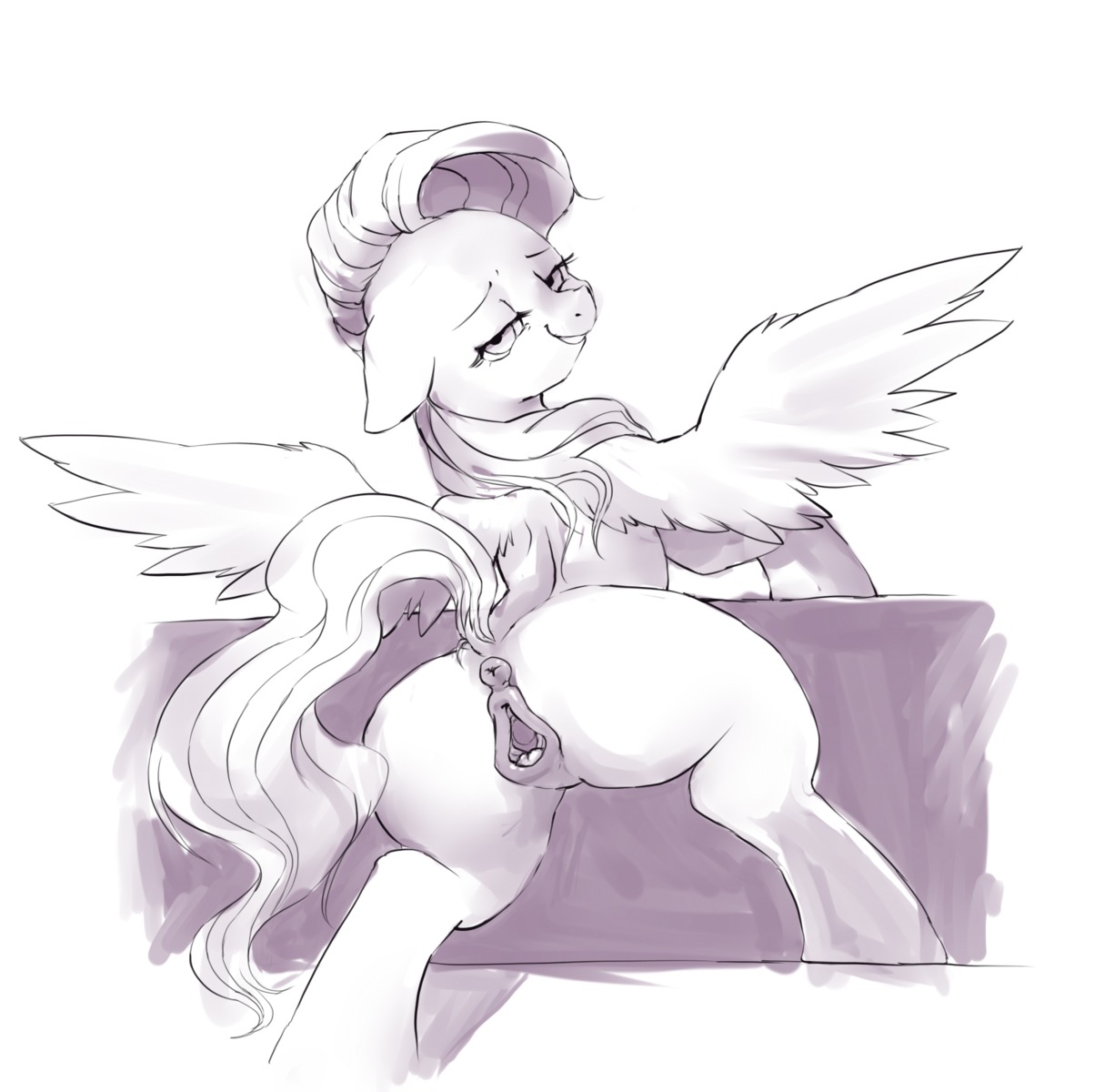 2014 animal_genitalia animal_vulva anus audrarius butt clitoral_winking clitoris digital_drawing_(artwork) digital_media_(artwork) e621 equid equine equine_genitalia equine_vulva feathered_wings feathers female feral fluttershy_(mlp) friendship_is_magic gaping gaping_vagina genitals hair half-closed_eyes hasbro hi_res mammal monochrome my_little_pony mythological_creature mythological_equine mythology narrowed_eyes pegasus presenting raised_tail smile solo tail vulva wings