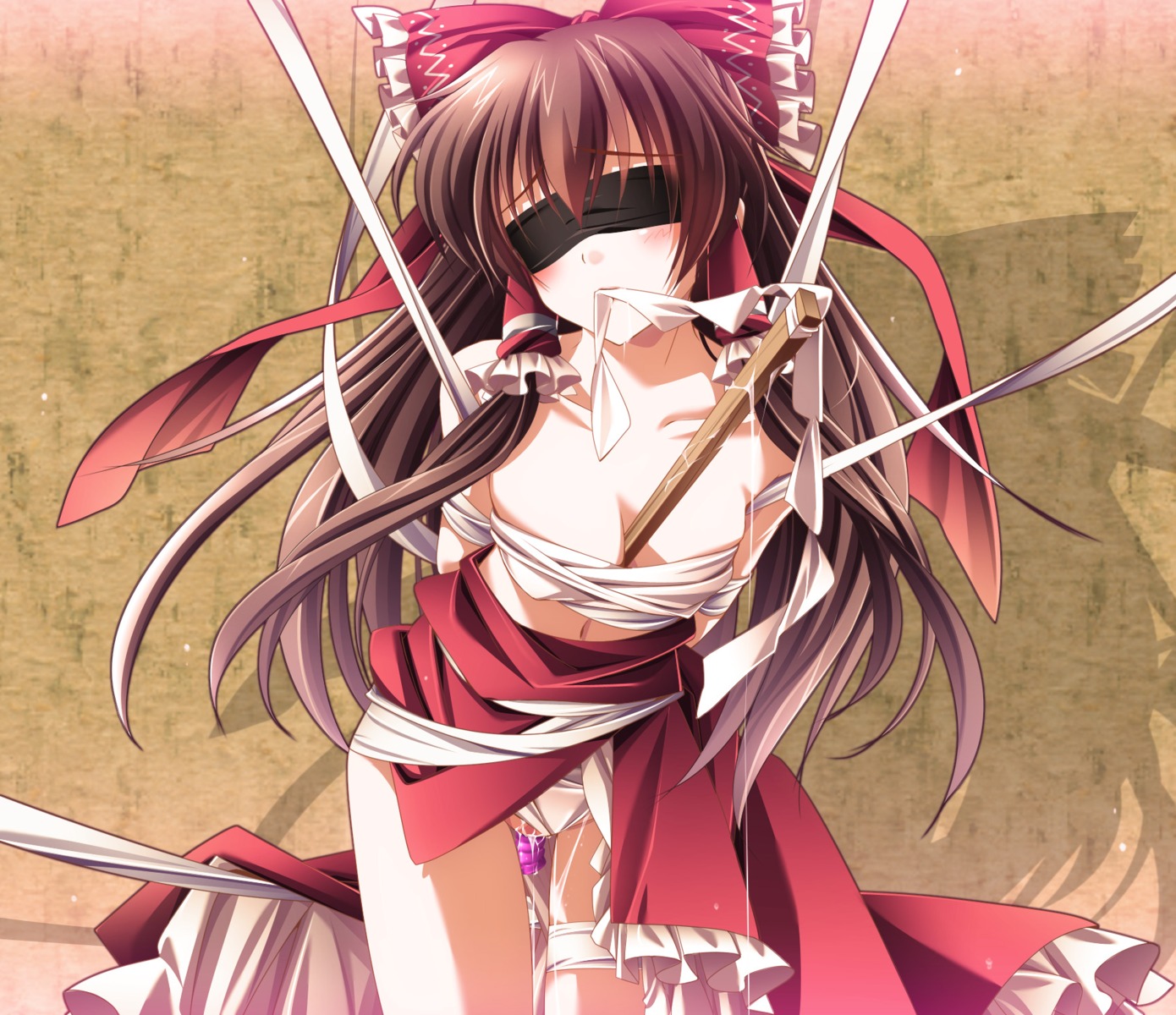 bare_shoulders between_breasts blindfold blush bondage bow breasts brown_hair cleavage female female_only gohei hair_tubes hairbow highres human long_hair moneti_(daifuku) mouth_hold object_between_breasts panties pussy pussy_juice reimu_hakurei rule34 sex_toy solo touhou underwear white_panties