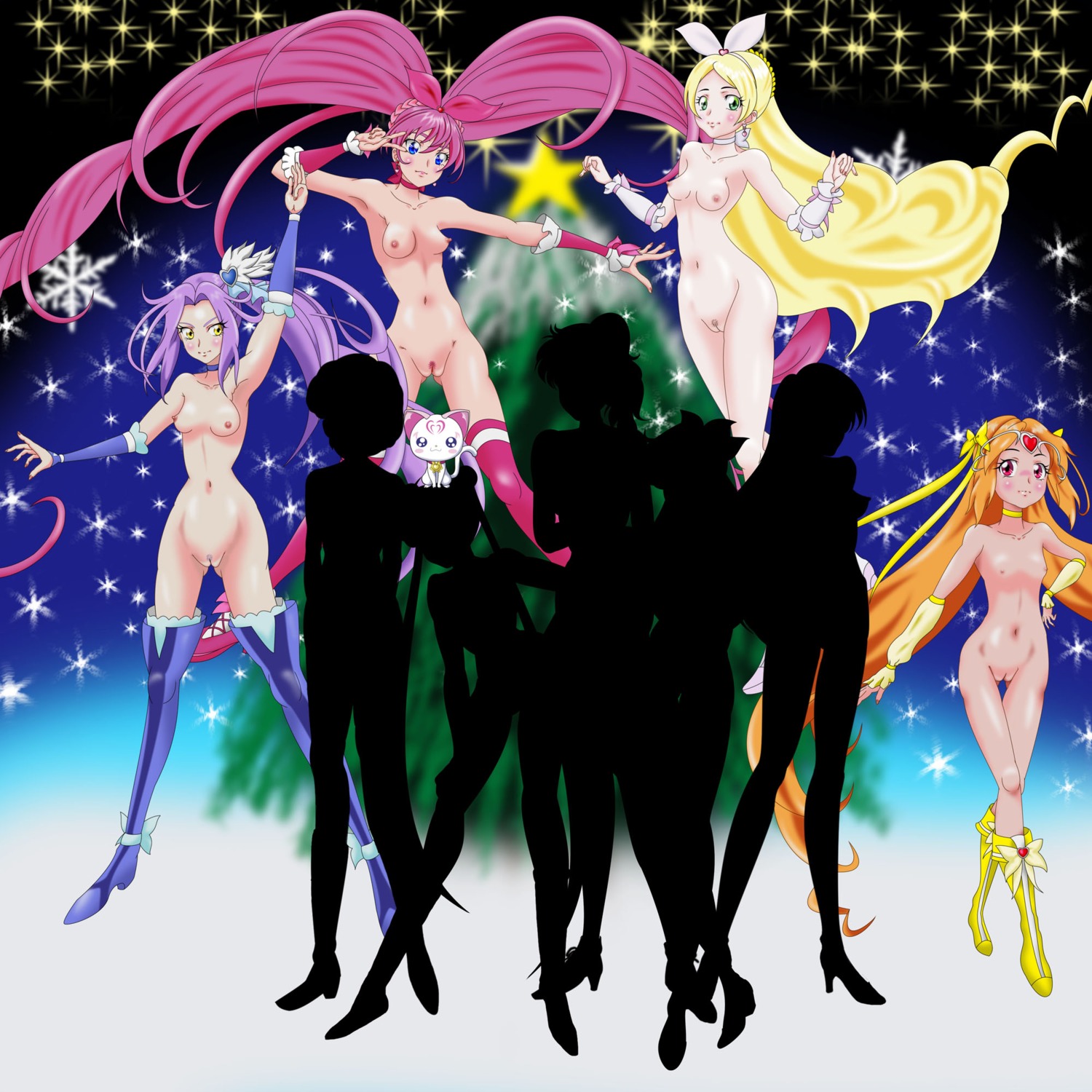 ami_mizuno bishoujo_senshi_sailor_moon bow breasts casual christmas color crossover cure_beat cure_melody cure_muse cure_rhythm female female_only flat_chest front_view group houjou_hibiki human kurokawa_ellen long_hair magical_girl makoto_kino maruze_circus minako_aino minamino_kanade multiple_females multiple_girls nipples nonsexual nonsexual_nudity nude pale_skin pose precure pretty_cure pubic_hair purple_hair pussy rei_hino rule34 sailor_jupiter sailor_mars sailor_mercury sailor_moon sailor_venus shirabe_ako silhouette small_breasts standing stockings suite_precure usagi_tsukino vulva