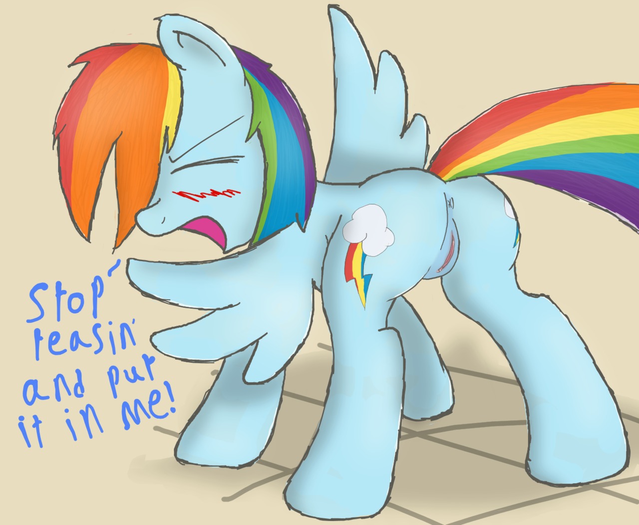 2012 anus blue_body blue_feathers blue_fur blush butt cutie_mark e621 english_text equid equine feathered_wings feathers female feral friendship_is_magic fur genitals hair hasbro inviting mammal multicolored_hair multicolored_tail my_little_pony mythological_creature mythological_equine mythology open_mouth pegasus presenting rainbow_dash_(mlp) rainbow_hair rainbow_tail solo tail text unknown_artist vulva wings