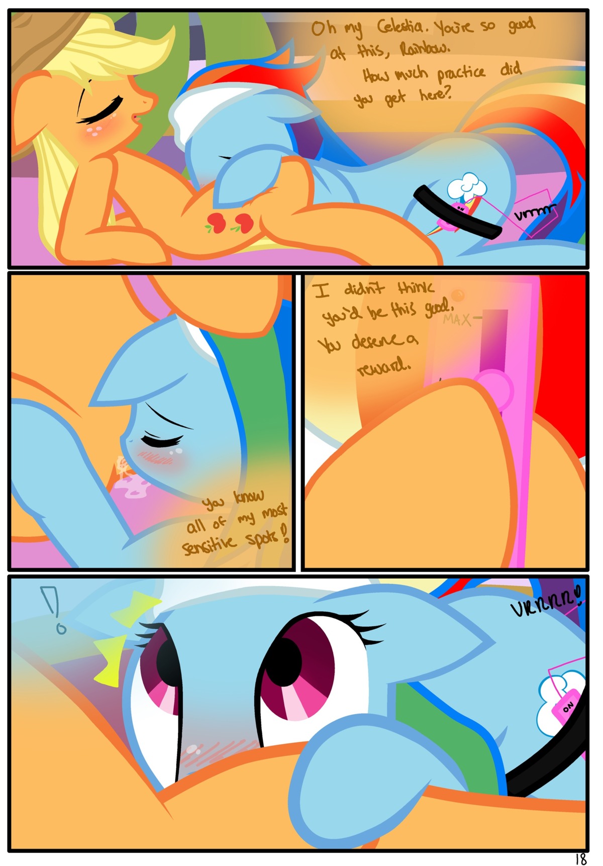 absurd_res ambiguous_penetration applejack_(mlp) blue_body blue_fur blush comic cunnilingus cutie_mark dialogue duo e621 earth_pony english_text equid equine eyes_closed female female/female feral freckles friendship_is_magic fur hair hasbro hi_res horse mammal multicolored_hair my_little_pony oral penetration pony pyruvate rainbow_dash_(mlp) rainbow_hair sex sex_toy spa text vaginal vibrator