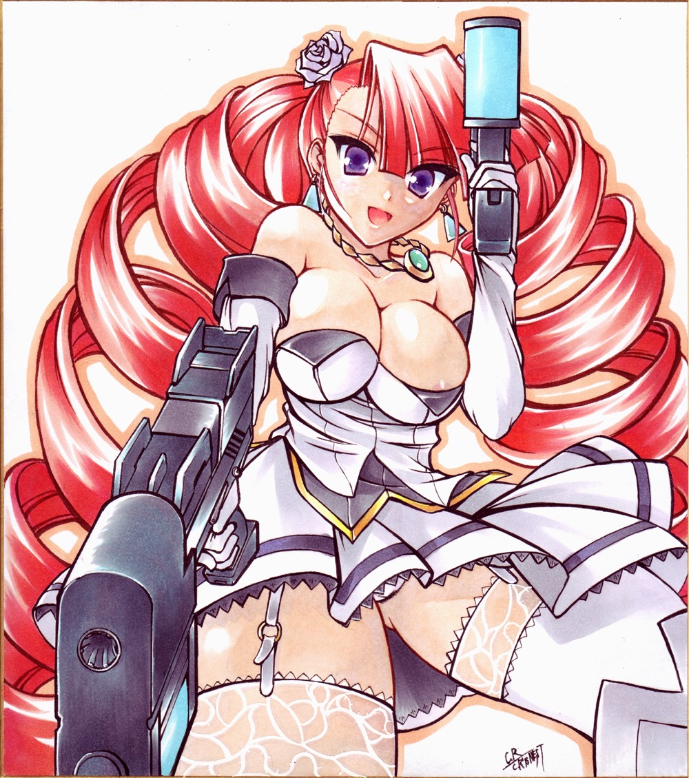 arcana_heart arcana_heart_2 areola areolae bare_shoulders breasts c.r. cleavage dress drill_hair dual_wielding earrings elbow_gloves female flower garter_belt garters gloves gun guns_akimbo hair_flower hair_ornament hands_on_hips jewelry lace lace-trimmed_thighhighs large_breasts long_hair necklace nipple_slip nipples no_bra orange_hair panties pantyshot pendant petra_johanna_lagerkvist purple_eyes red_hair rose rule34 signature thighhighs tied_hair twin_drills twintails underwear upskirt very_long_hair weapon white_legwear white_panties white_thighhighs zettai_ryouiki