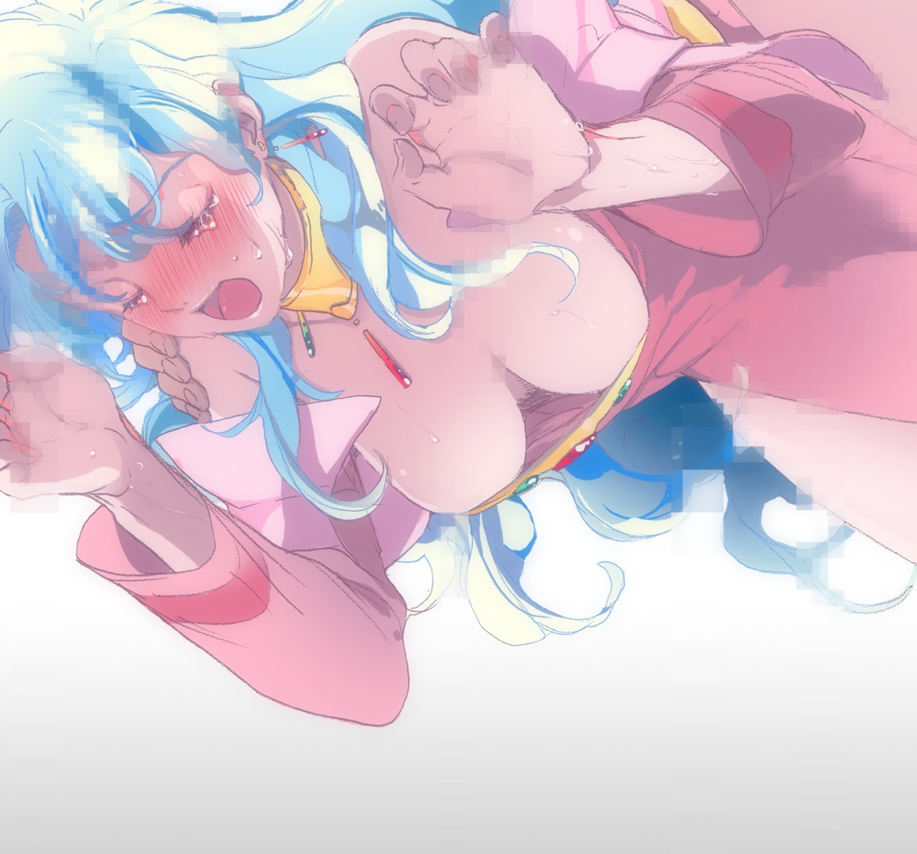 bent_over blush breasts censored cleavage closed_eyes down_blouse dress earrings female high_resolution invisible_penis jewelry long_hair male mosaic multicolored_hair nia_teppelin open_mouth penis pink_dress pointless_censoring rule34 sex sweat tears tengen_toppa_gurren_lagann yuriko_(kkk9)