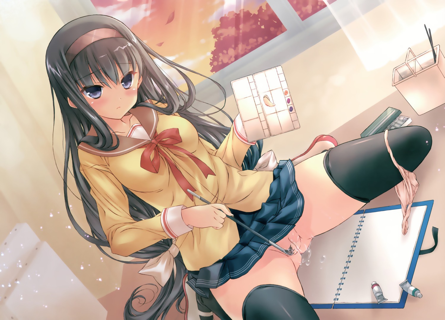 female hotei_kazuha nopan panties panty_pull pussy pussy_juice rule34 seifuku tagme thighhighs underwear