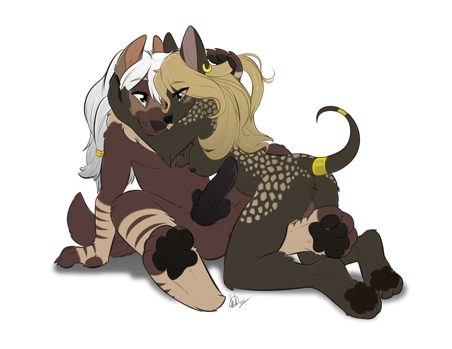 2014 4_toes anthro balls black_body black_fur black_penis blonde_hair brown_body brown_fur brown_hyena canid canine canis clitoris digitigrade duo e621 ear_piercing erection feet female fur genitals hair hi_res hindpaw hug hyena jackal kwik_(artist) male male/female mammal nude osiris_(hyenafur) pawpads paws penis piercing simple_background soles spread_legs spreading tameri_(character) the_tales_of_avalon toes vulva white_background white_hair