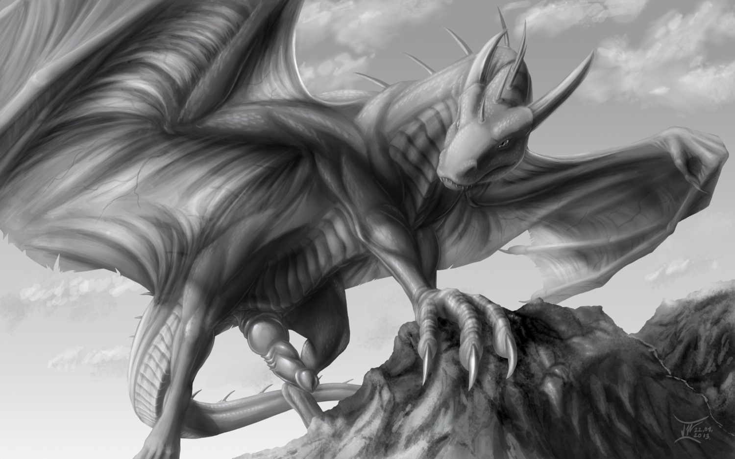 16:10 2013 claws cloud dragon e621 erection feral genitals greyscale hi_res horn knot low-angle_view male membrane_(anatomy) membranous_wings monochrome mythological_creature mythological_scalie mythology nude outside pattarchus penis rock scalie sky solo spikes tail teeth thick_penis wairu widescreen wings