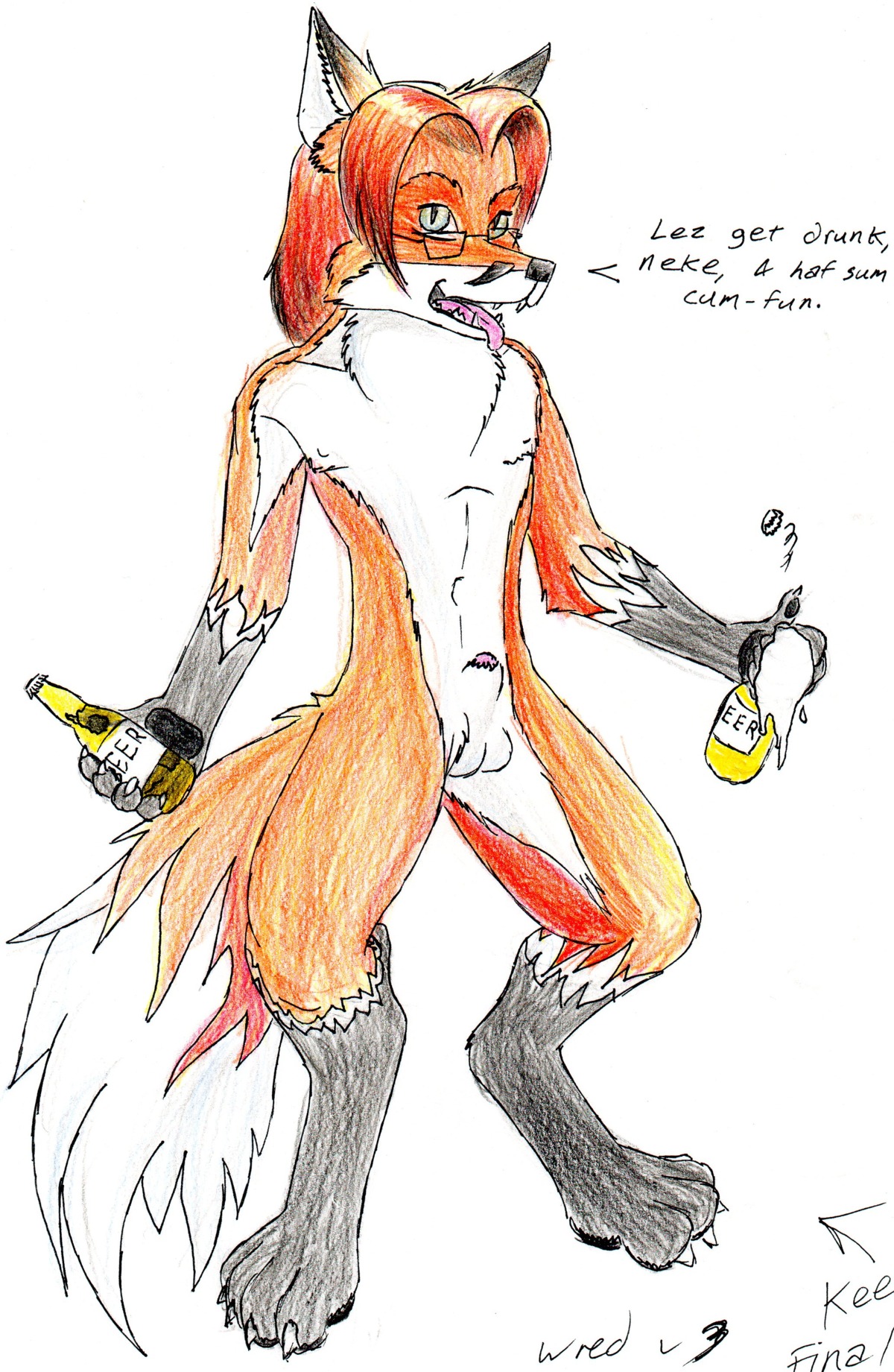 2008 absurd_res alcohol animal_genitalia anthro balls beer beverage bottle canid canine container e621 eyewear fox genitals glasses hi_res holding_bottle holding_container holding_object male mammal nude penis penis_tip sheath simple_background solo tail white_background wred wred_(character)