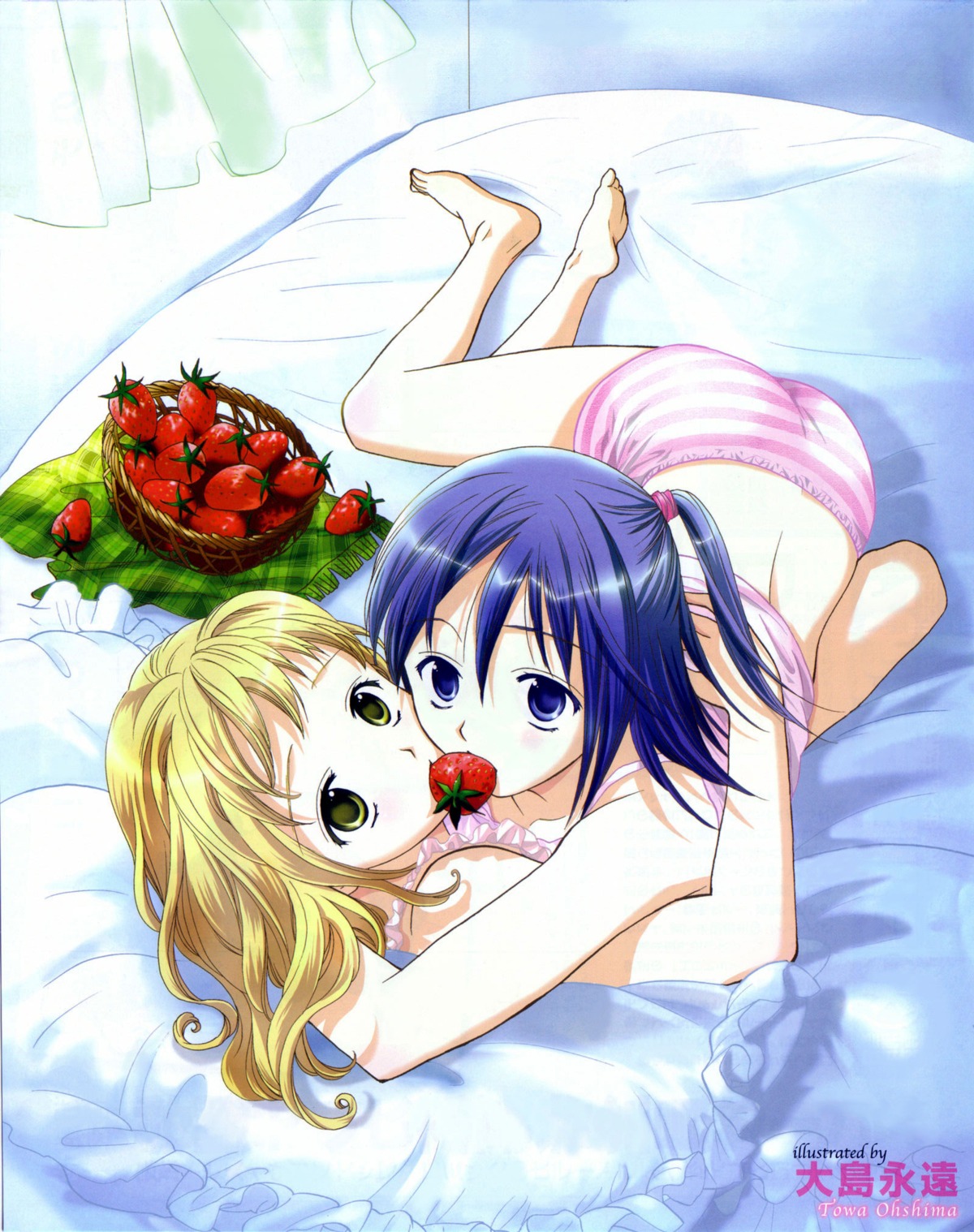 blush female food highres long_hair midriff multiple_females multiple_girls panties rule34 shirt_lift strawberry underwear yuri