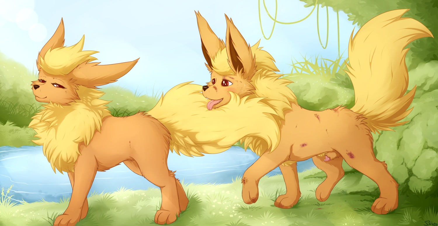 2011 animal_genitalia animal_penis black_nose blackfury blonde_hair bruised canid canine canine_genitalia canine_penis chest_tuft detailed_background dirty duo e621 eeveelution female feral flareon fluffy fur generation_1_pokemon genitals grass hair half-closed_eyes hi_res lake long_ears looking_back male mammal narrowed_eyes nature nintendo nude open_mouth orange_body orange_fur outside penis penis_tip plant pokemon pokemon_(species) quadruped red_eyes scar sheath sky tail tongue tongue_out tree tuft water wood