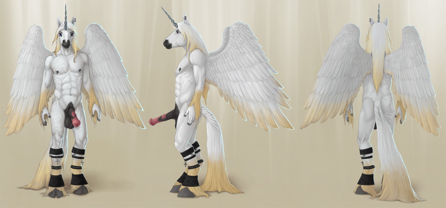 abs animal_genitalia animal_penis anthro balls biped bracelet braided_hair cross e621 ear_piercing equid equine equine_genitalia equine_penis erection feathered_wings feathers fur genitals hair hi_res hooves horn jewelry long_hair lostknight male mammal model_sheet morticus mythological_creature mythological_equine mythology nipple_piercing nipples penis piercing purple_eyes side_view simple_background solo tail tattoo white_body white_feathers white_fur winged_unicorn wings