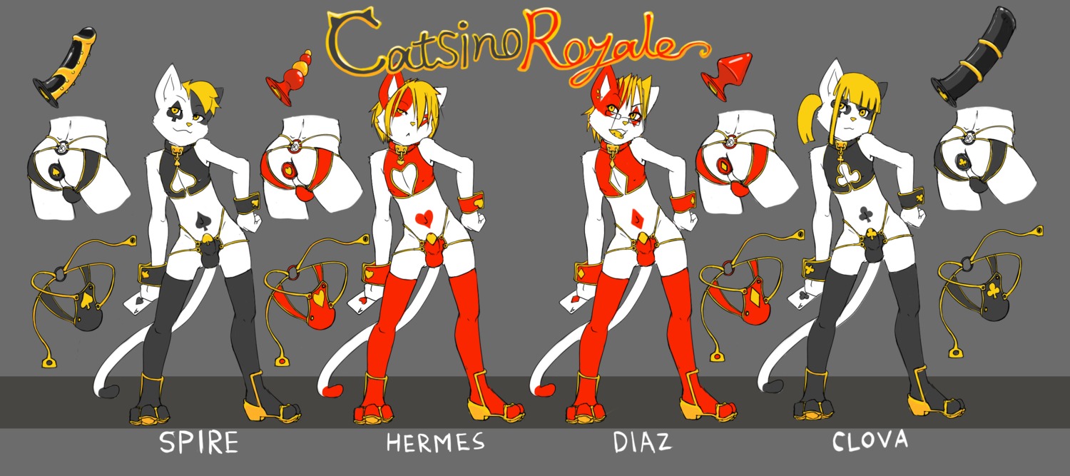 ace_of_clubs ace_of_diamonds ace_of_hearts ace_of_spades anal_beads animal_dildo animal_sex_toy anthro arms_by_side bent_arm blonde_hair bulge buttplug card catsino_royale character_name chizi clothed clothing clova_(chizi) clubs_(suit) clubs_marking_(kink) collar copyright_name diamonds_(suit) diamonds_marking_(kink) diaz_(chizi) dildo domestic_cat e621 equine_dildo eyewear felid feline felis glasses hair hand_on_hip hand_on_own_hip heart_symbol hearts_(suit) hearts_marking_(kink) hermes_(chizi) hi_res holding_card holding_object holding_single_card male mammal multiple_images open_mouth playing_card plug_(sex_toy) sex_toy solo spade_tattoo spades_(suit) spire_(chizi) standing straight_arm straight_legs suit_symbol tail text touching_hip touching_own_hip weapon yellow_eyes