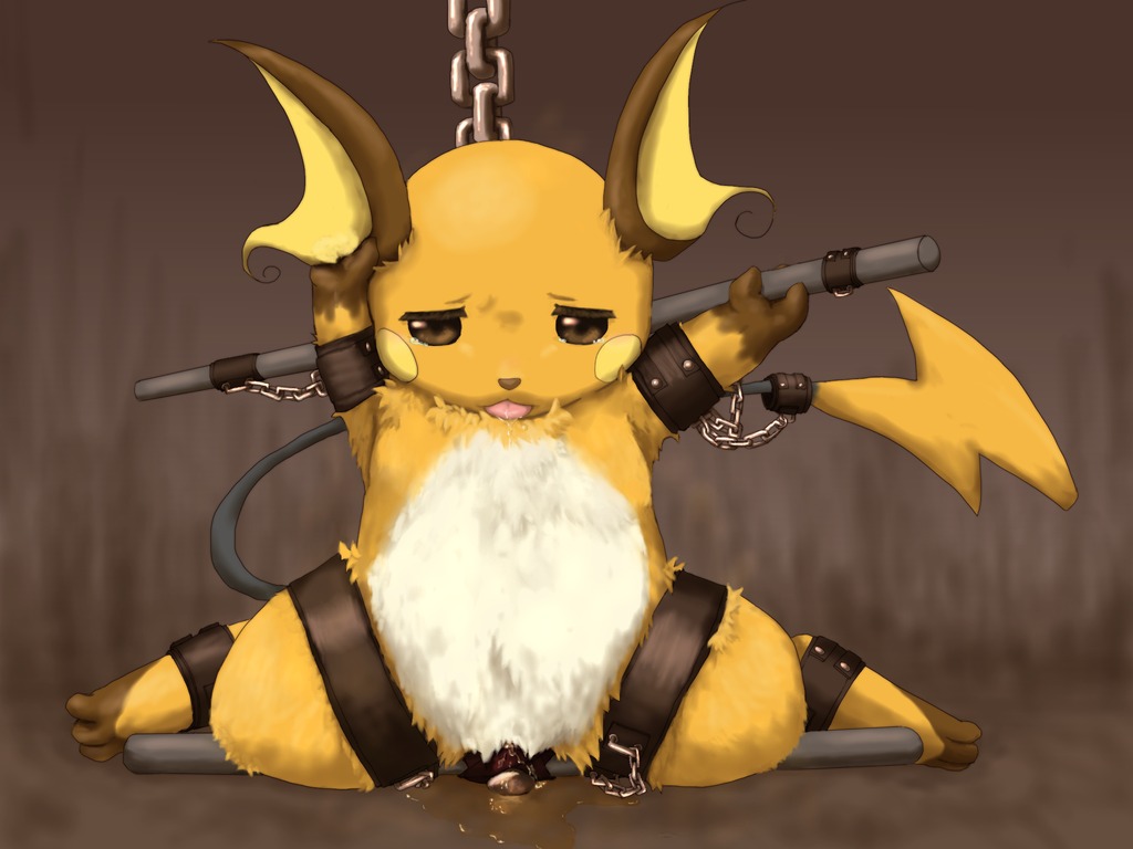 4:3 armband barely_visible_genitalia barely_visible_vulva bdsm bodily_fluids bondage bound brown_eyes chain e621 female feral fur generation_1_pokemon genital_fluids genitals leather looking_down mammal nintendo ohakotome omorashi orange_body orange_fur peeing pokemon pokemon_(species) raichu rodent solo submissive submissive_female tongue urine urine_pool vulva watersports white_body white_fur